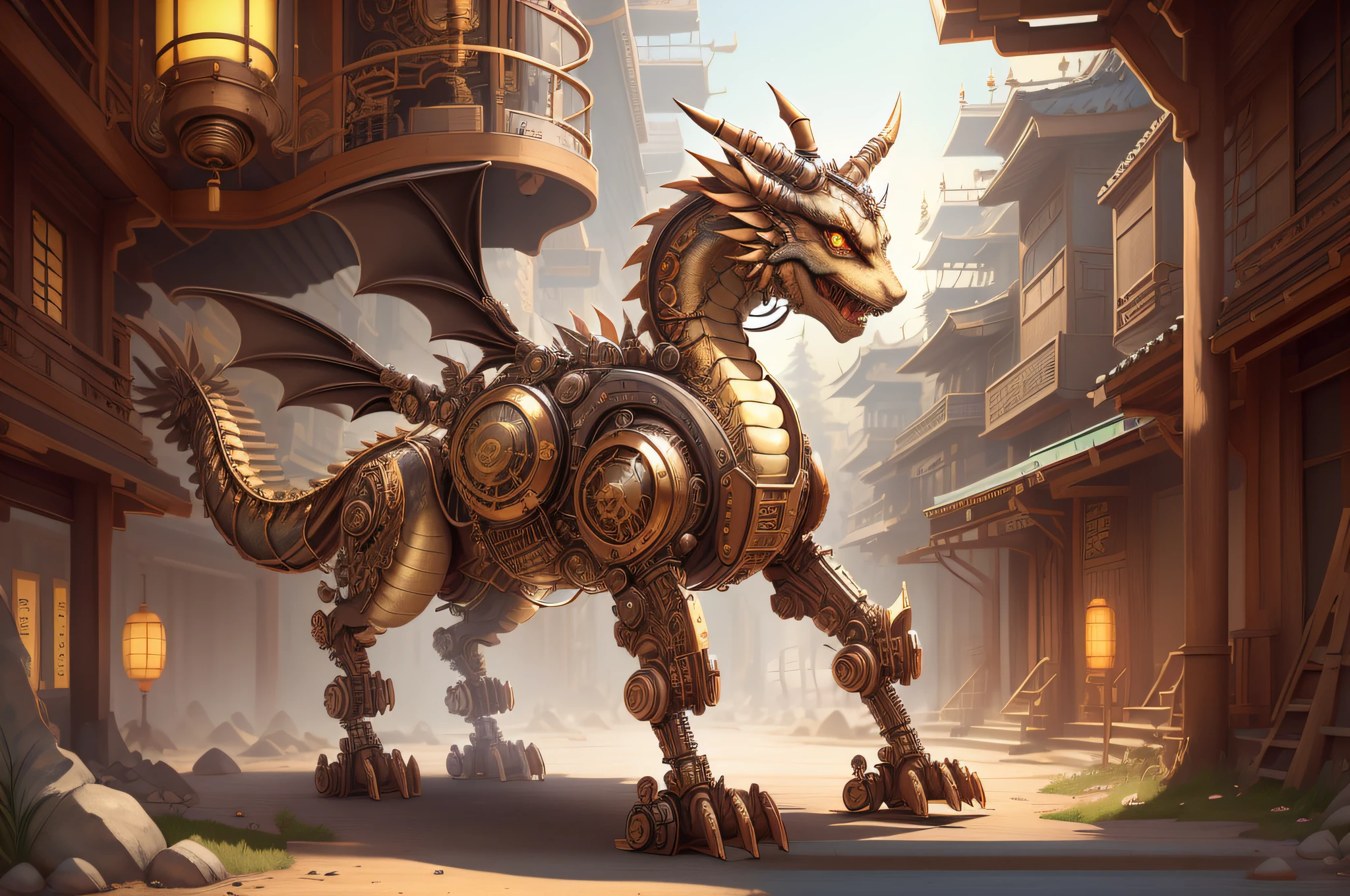 A mechanical oriental dragon stands on the outskirts of a Chinese city..., Chinese dragon in steampunk style, Oriental dragon in steampunk style, a rider sits astride a mechanical dragon, people are not afraid, Steampunk technology, Chinese city in steampunk style, steampunk era 14th century, Hyper-realistic, cinematic still, Film grain, 电影灯光, 極端なディテール, hiquality