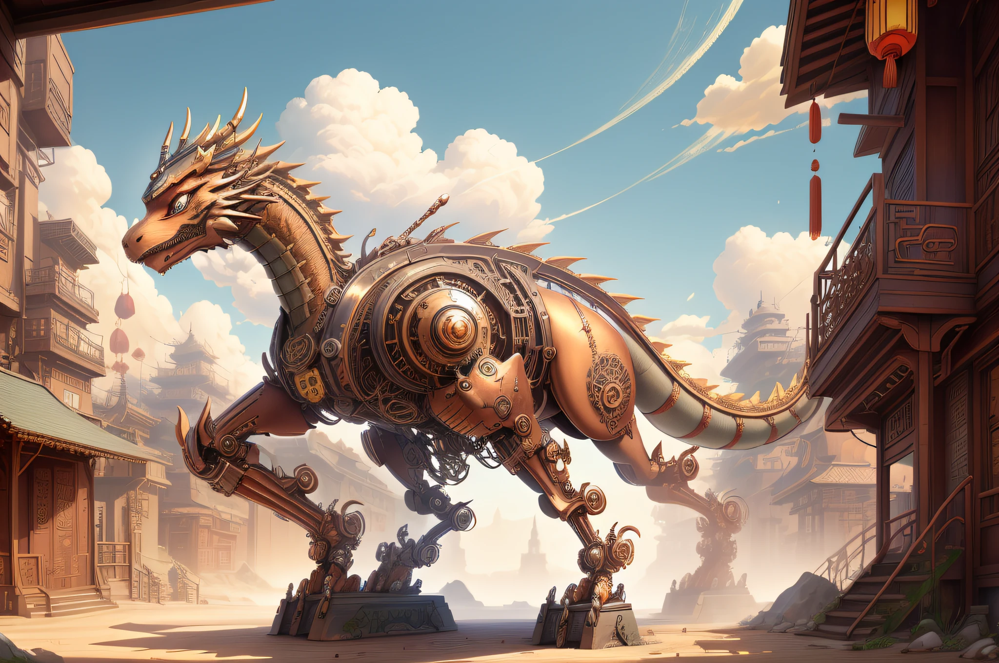 A mechanical oriental dragon stands on the outskirts of a Chinese city..., Chinese dragon in steampunk style, Oriental dragon in steampunk style, a rider sits astride a mechanical dragon, people are not afraid, Steampunk technology, Chinese city in steampunk style, steampunk era 14th century, Hyper-realistic, cinematic still, Film grain, 电影灯光, 極端なディテール, hiquality