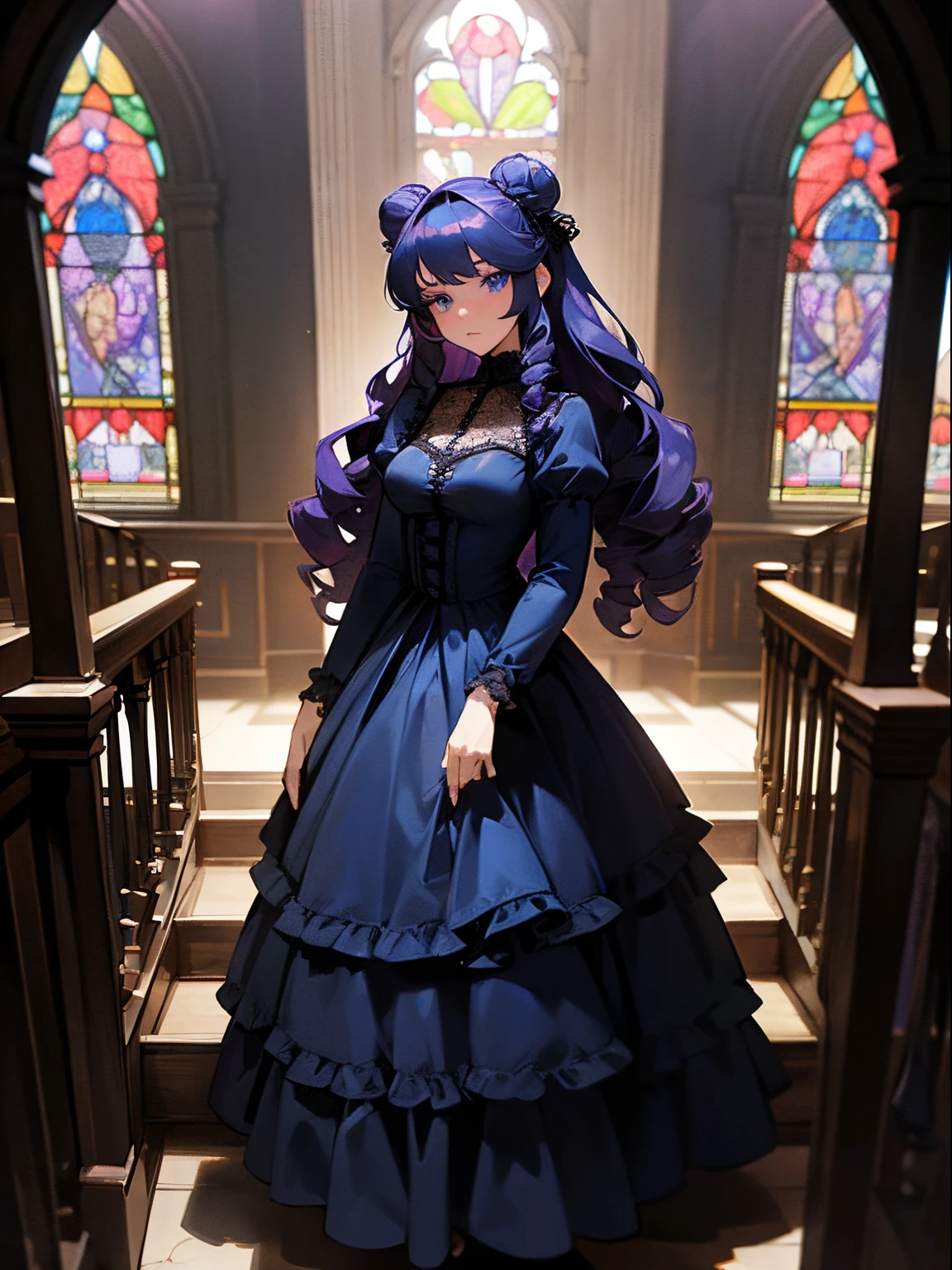 A mature woman with long curly violet hair, drill curls, side-swept fringe, one hair bun, blue eyes, light skin, worried expression, wearing a navy blue gown with black frills and laces, inside of a dark black mansion with stained glass