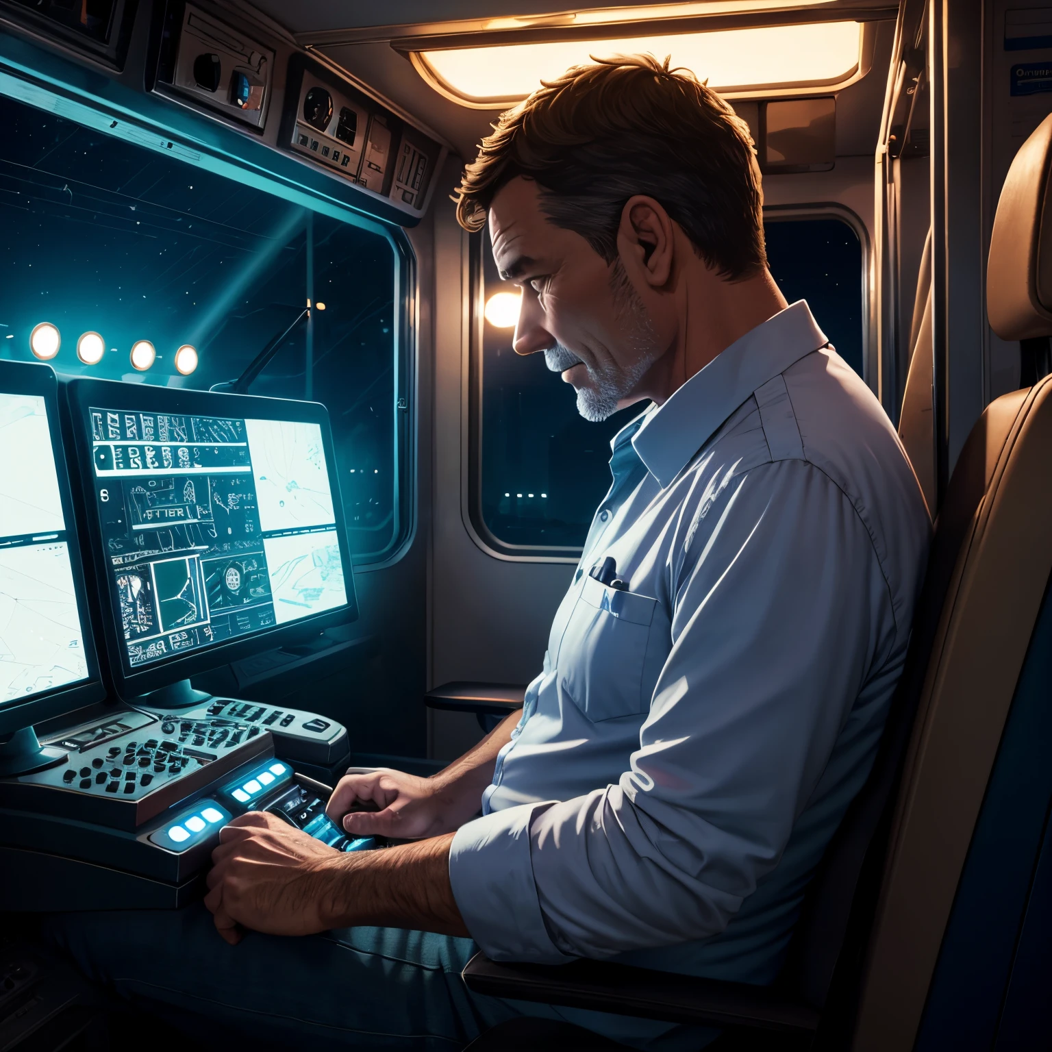 train cockpit，A middle-aged man  operating the joystick，The man has his back to us，environment at night