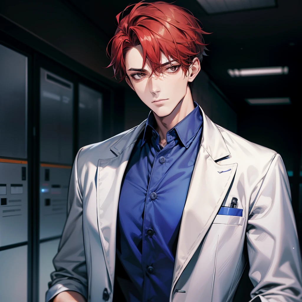 A handsome man with red short hair up and black eyes, giving a mature, gentleman, and doctor vibe, looking looking sideways Doctor attire, blue scrub suit and white coat, medical attire, doctor uniform, modern era, half body, hospital.