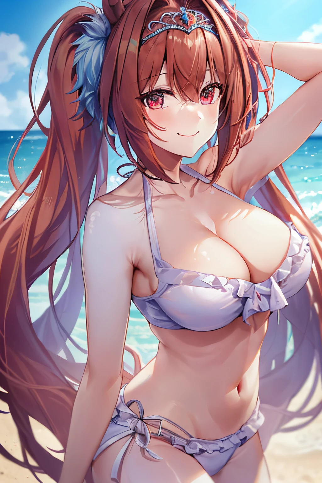 (((masterpiece, best quality, highres, UHD, perfect pixel, depth of field, 4k, RTX, HDR))), 1girl, smile, very huge breasts, brown hair, long hair, twintails, (red eyes:1), collarbone,  white bikini, navel, side-tie bikini, (a sexy), beach, ocean, blue sky, looking at viewer, {{Extremely delicate and beautiful}}, the Extremely Detailed CG Unity 8K Wallpapers, (Shiny hair:1.2), (Shiny skin:1.5),