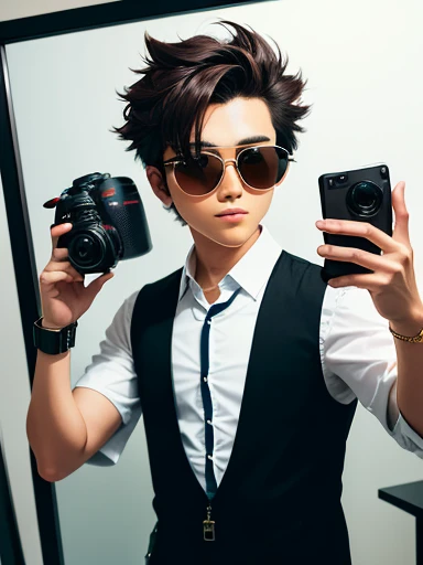 An anime-style boy wearing sunglasses，Holding the Canon camera Mark II in both hands，Take a selfie in the mirror