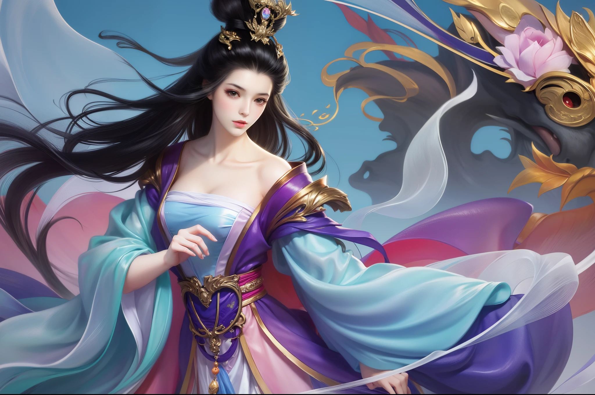 Best quality at best, 超高分辨率, (((1 girl))),(Long black hair), game fairy, Old palace, Hanfu, Yarn, light yarn, jewelry, (focal), (((Colorful))),(sketching:0.8) , tmasterpiece, Best quality at best, beautiful painted, meticuloso,(Denoising:0.6), highly detailed, (tmasterpiece, Best quality at best) CG unified 8K wallpaper,tmasterpiece,Best quality,ultra - detailed)