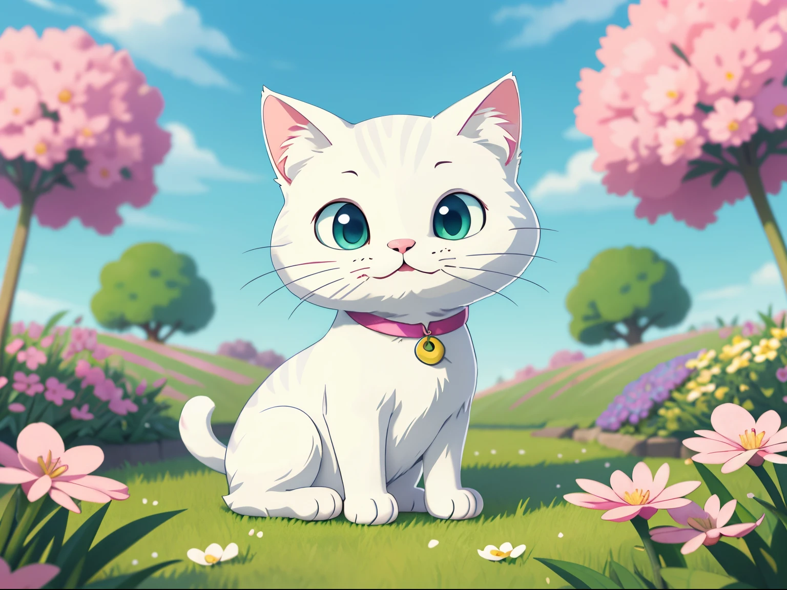 There  a white cat sitting on the green grass, lovely art style, Soft anime illustration, 、voice, Kawaii cat, white cat, Anime visuals of a cute cat, Official fan art, Cute and detailed digital art, anime cat, cute illustration, Official character illustrations, Furry cat, full-colour illustration, Anime style illustration, Cute cat, Digital anime illustration，Squat among the flowers，looks into camera，closeup cleavage, There are pink flowers around，simplebackground