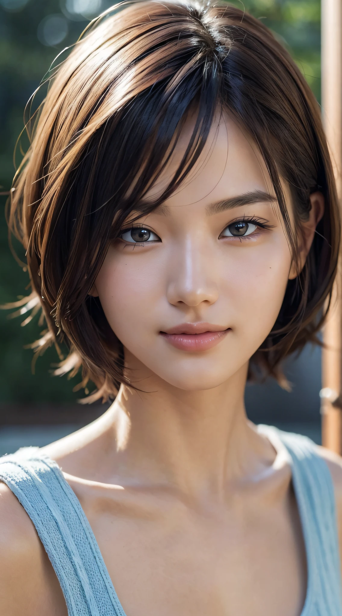 8K, Best quality at best, tmasterpiece, actual, hyper-detailing, photograph realistic, hyper realisitc, Smoother lighting, increase cinematic lighting quality, Luzes Realistas, The light from the back window backlighted, Bright light, enchanced quality, The best quality real textured skin, closeup cleavage, Elongated, Cute face, ssmile, beatiful detailed eyes, 25 years old Korean, Pretty big breasts, blue short hair,frontal photos