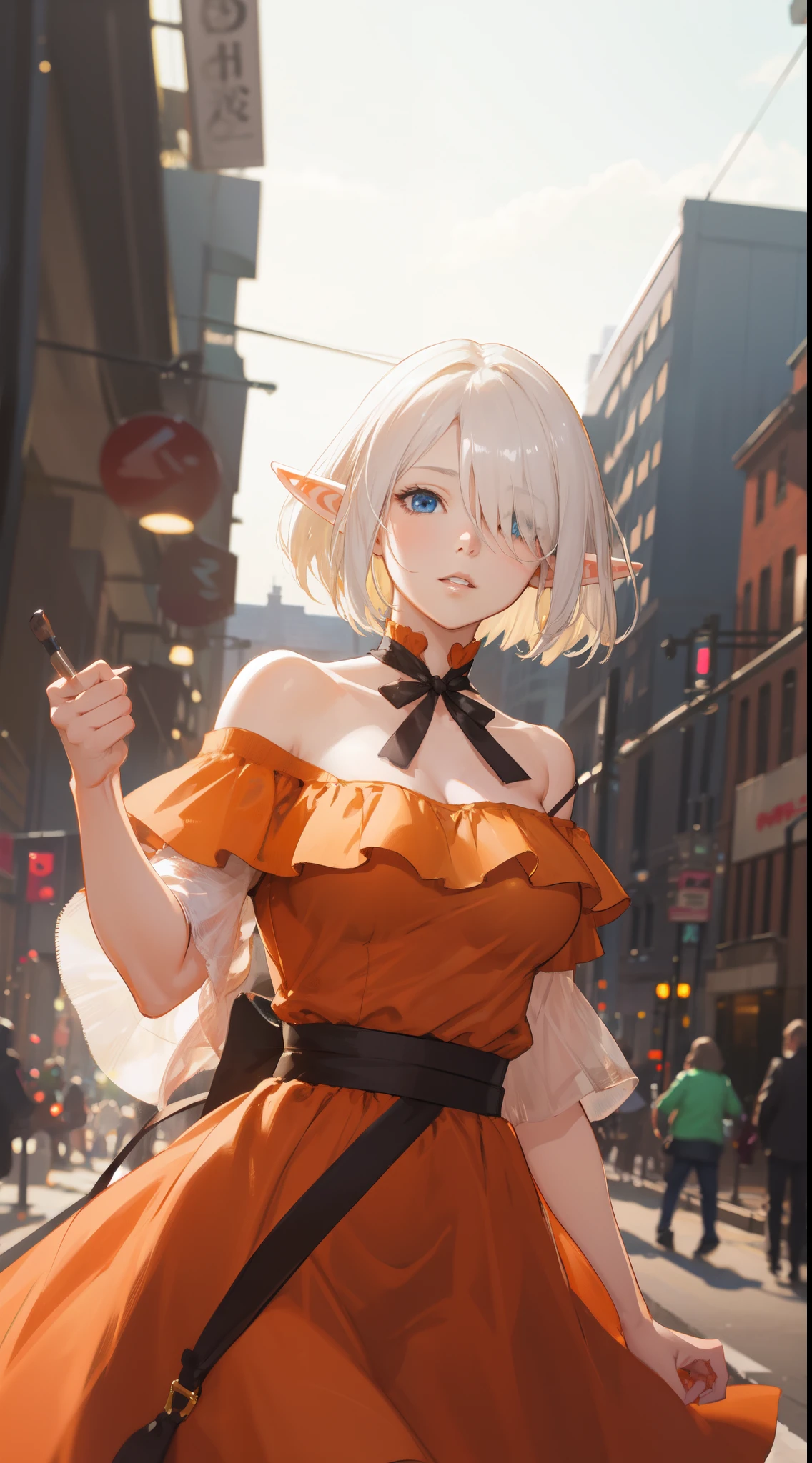 a elf woman posing on the street corner with orange dress on, best quality, (elf), 1girl, big breast, day, bright, (depth of field:1.3), (blurry background:1.1), outdoor, (street:0.8), (people, crowds:0.8), (off-shoulder dress:1.2), Bob cut hair, parted bangs, (hair over one eye), white hair, blue eyes, beautiful detailed sky, (dynamic pose:1.2), soft lighting, wind, shiny skin, (upper body:0.8), parted lips, artstation by Artgerm, by Kawacy, By Yusuke Murata,