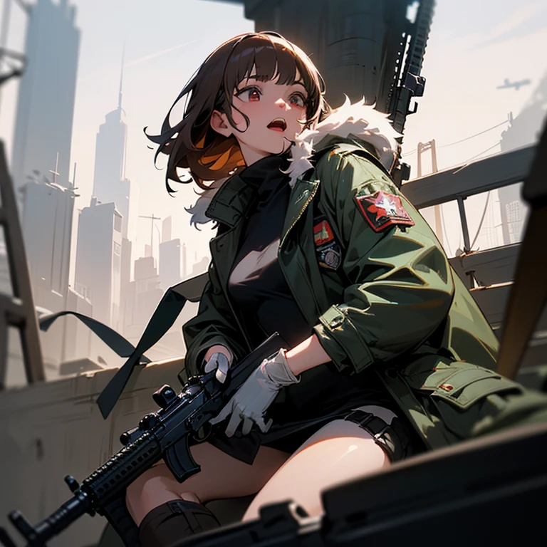 report、1a person、Fluttering hair、beautiful mature women、(skin tanned、A detailed face、Detailed facial contours、sharp outline、A detailed eye、Bright pupils、Gradient Eyes:1、finely detailed beautiful eye:1、Symmetrical eyes:1、big highlight on eyes:1.2)、Detailed hair strands、Purple eyes)、The abdominal thorax is of medium size、25-years old、open open mouth、White teeth are visible、Glossy lips、Three-dimensional nose、Three-dimensional lips、二重まぶた、(asymmetrical bangs、Long brown hair、short-cut、disheveled hair)、((army panty literature、coat jacket、parka、hand gloves、Army Boots、Tactical Holster、automatic rifle、assault rifle、M16、M4 carbine、HK416、Hold a military rifle、Have a military rifle))、(Fine fingers、detailed arms、detailed human hands)、(16K、top-quality、masterpiece、 The ultra -The high-definition、 Top resolution、ighly detailed、 profetional lighting、Near and far law、Post-apocalyptic cyberpunk city、(High dynamic range)、foco nítido:1。4、(Hyper-detailing、finedetail)、