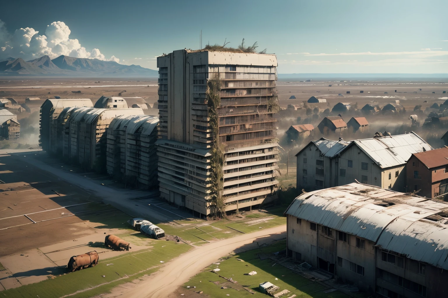 The post-apocalyptic community, people returning to live a normal life. Raising pigs and cattle within a protected area, panoramic view, restart of civilization, survivors, fresh start, inspired by films such as world war z, and one day after tomorrow, After catastrophes. After zombie apocalypse, clear image, full of details, Inspiring image, "humanity survives everything"