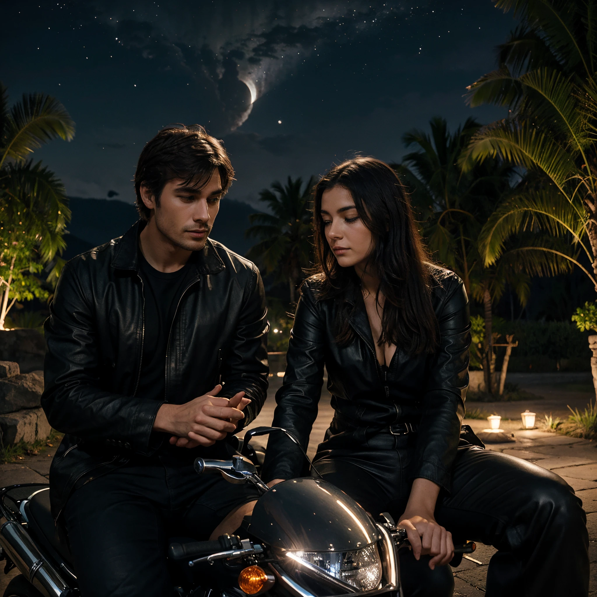 A man is sitting on his motorbike, enquanto a noite se desenha ao redor. The dark sky reveals an eclipse, e ele aponta emocionado para a lua. His girlfriend is after him, lost in contemplation, fixando o olhar na lua brilhante. The soft sound of engines mixes with the silence of the night, creating a romantic setting under the celestial spectacle.