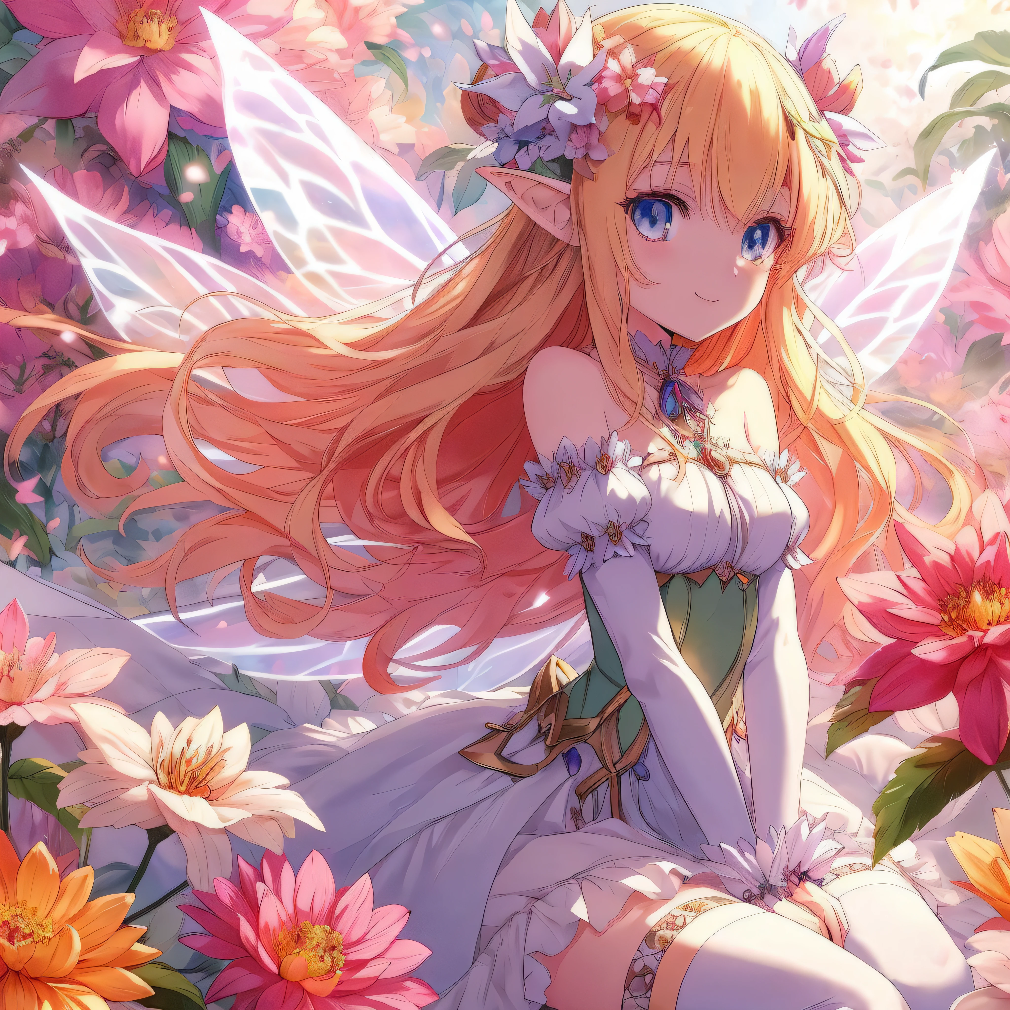 Anime girl with long blond hair sitting in a flower field, smiling as a queen of fairies, beautiful fantasy anime, elf girl wearing an flower suit, fairy aesthetics, beautiful fairies, fairy magnificent, anime fantasy artwork, beautiful anime art, detailed anime art, portrait of fairy, beautiful anime artwork, anime fantasy illustration, faerie, high quality anime art