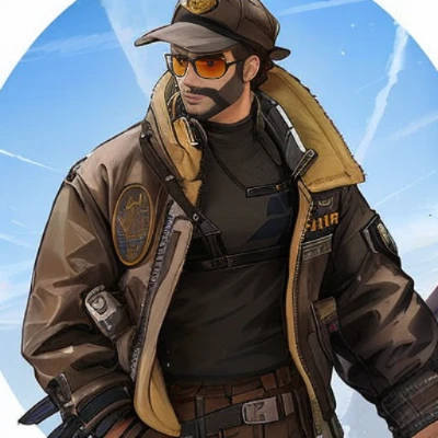 a close up of a person wearing a hat and jacket, makoto shinkai ( apex legends ), pilot outfit, apex legends character, as overwatch character, disco elysium character, as an overwatch character, portrait of apex legends, wearing a flying jacket, baptiste from overwatch, highly detailed character design, rugged male ranger, in style of apex legends, wearing ripped dirty flight suit
