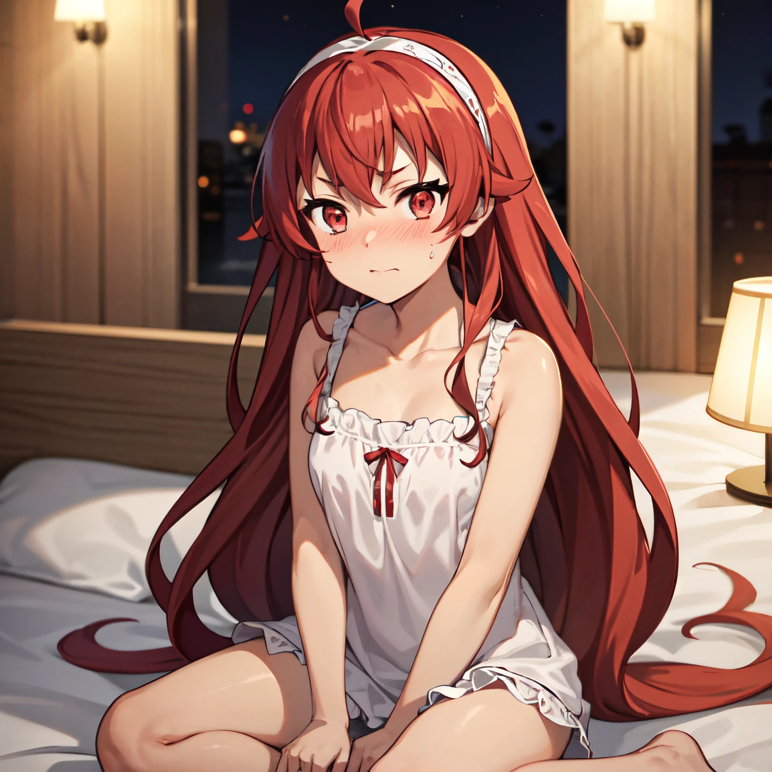 1girl in, , , , (steam:1.3),10 years old, ,, ,, ,,,, Ellis Boreas Greyrat, Closed mouth, nose blush, Long hair, Red hair, Ahoge, Red Eyes, black hairband, nightgown, frilld , Bare shoulders, 鎖骨, Sleeveless, Sitting, on the beds, Looking at the viewer, Indoors, , Night,,,, , , ,.,, glistning skin, , Shiny skin, Brown skin,