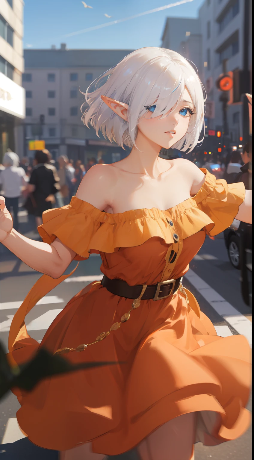 masterpiece,(bestquality),highlydetailed,ultra-detailed, a elf woman posing on the street corner with orange dress on, best quality, (elf), 1girl, big breast, day, bright, (depth of field:1.3), (blurry background:1.1), outdoor, (street:0.8), (people, crowds:0.8), (off-shoulder dress:1.2), Bob cut hair, parted bangs, (hair over one eye), white hair, blue eyes, beautiful detailed sky, (dynamic pose:1.2), soft lighting, wind, shiny skin, (upper body:0.8), parted lips, artstation by Artgerm, by Kawacy, By Yusuke Murata,