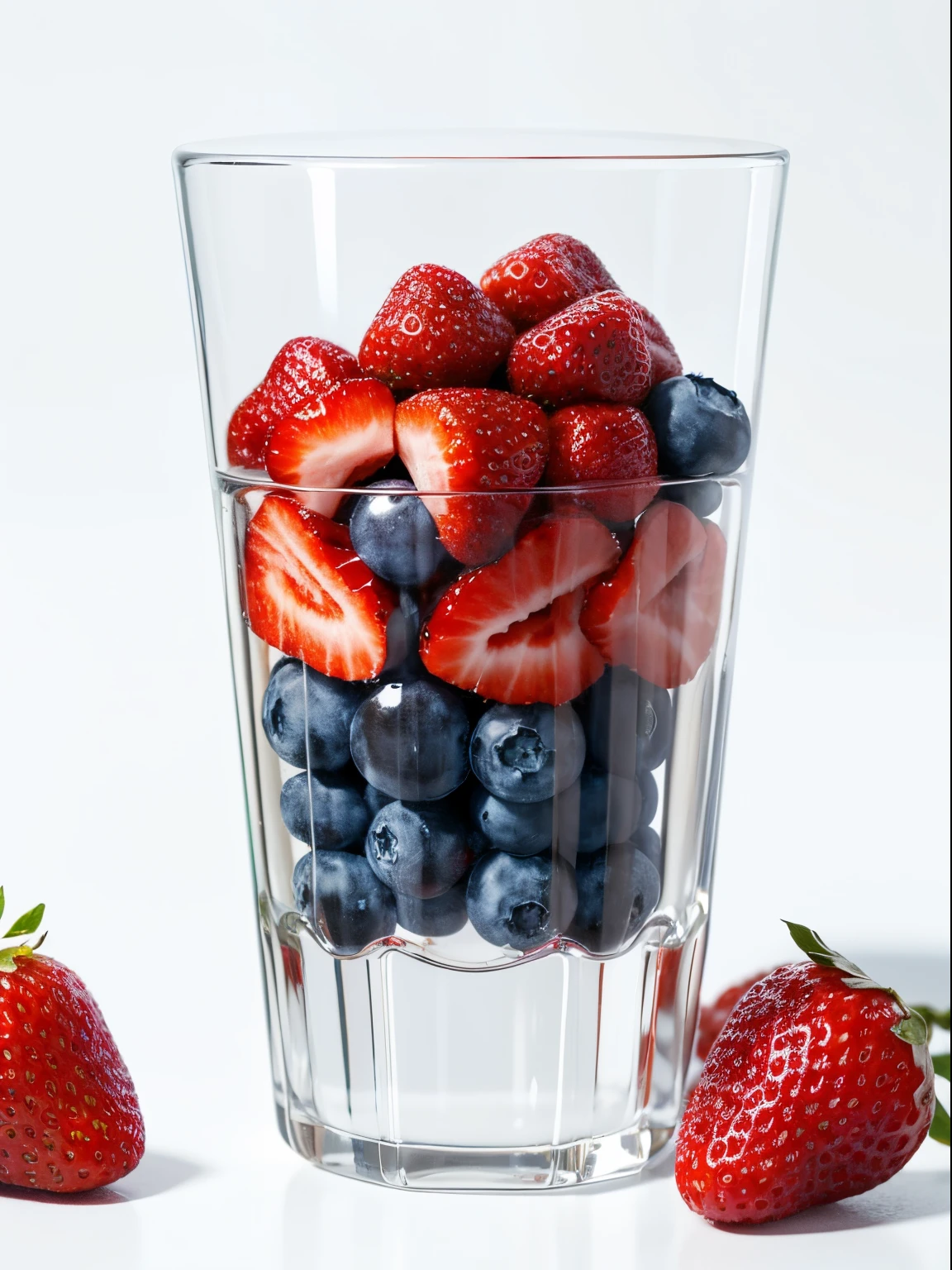 (Best quality,8K,Masterpiece:1.3), NOhumans, Clear glass, There are a lot of strawberries and blueberries in it, blend, detalhe poderoso, intense detail, on the white background, Clear detail, professional,(Hyper-realistic:1.3)