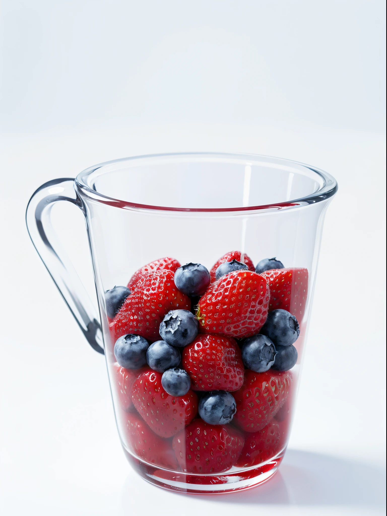(Best quality,8K,Masterpiece:1.3), NOhumans, Clear glass, There are a lot of strawberries and blueberries in it, blend, detalhe poderoso, intense detail, on the white background, Clear detail, professional,(Hyper-realistic:1.3)