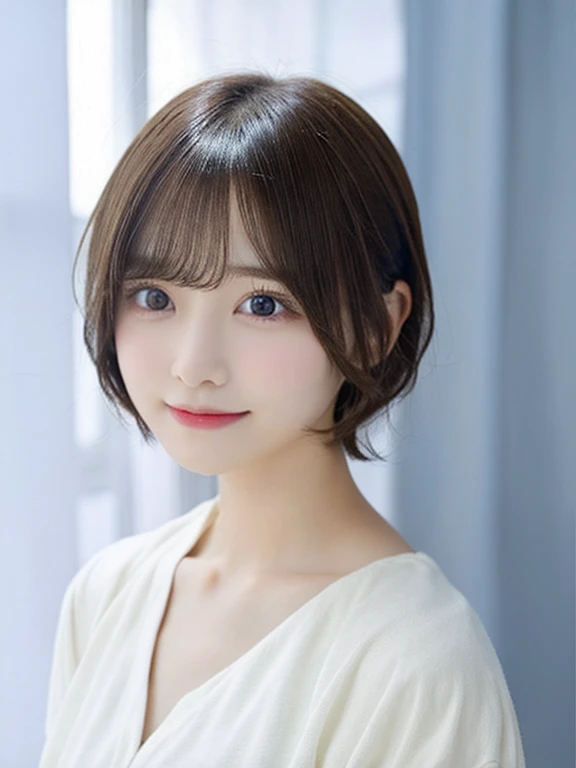 1girl in、real looking skin、(short-hair:1.1)、short-hair、(Photorealsitic:1.1)、Beautuful Women、Beauty salon with revealing clothes、Gray background、White curtains、Natural look