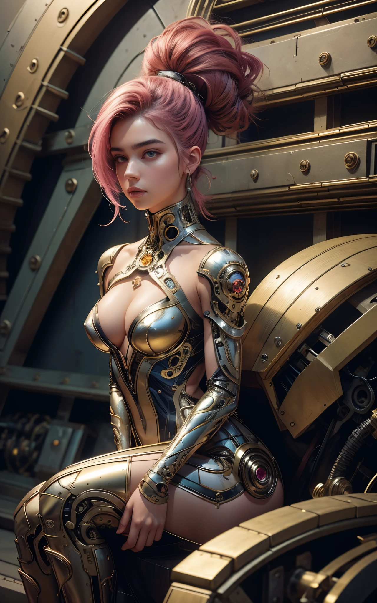 8k portrait of beautiful (cyborg) with pink hair, (Dua Lipa) , mecha musume scifi body suit, pauldrons, intricate, elegant, highly detailed, majestic, digital photography, art by artgerm and ruan jia and greg rutkowski surreal painting reflective, hairpin jewel, broken glass, (masterpiece, sidelighting, finely detailed beautiful eyes: 1.2), hdr,