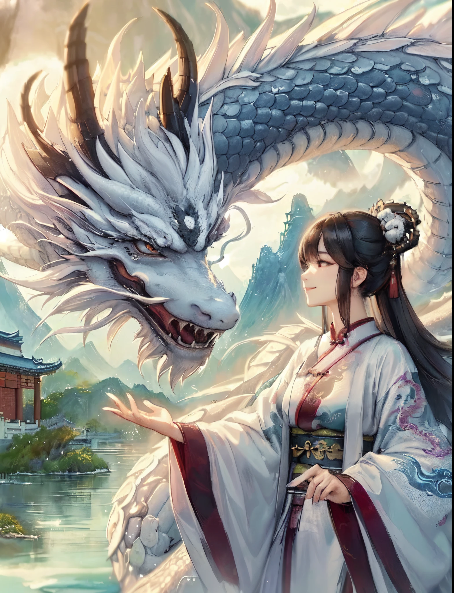 1lady solo, (traditional Chinese dresature female, /(black hair/) bangs, light smile, (masterpiece best quality:1.2) delicate illustration ultra-detailed, large breasts BREAK (Chinese white dragon:1.2) (Chinese dragon:1.2), (Japanese dragon:1.2) BREAK (tranquil Chinese landscape) (river mist), mountains