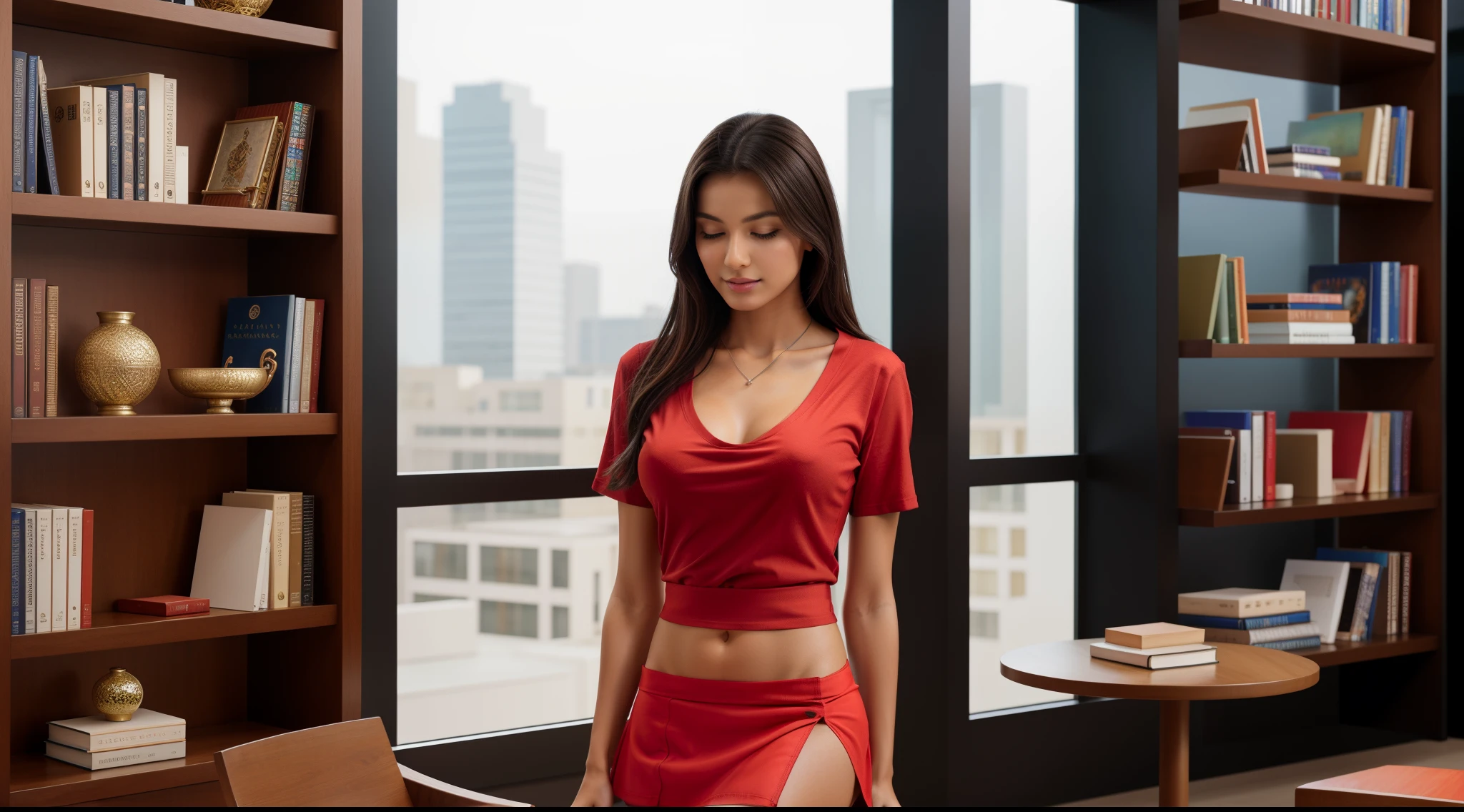 (((a girl alone in the library))),((full-body, cinematic-shot)),(best quality,4k,8k,highres,masterpiece:1.2),ultra-detailed,(realistic,photorealistic,photo-realistic:1.37),(beautiful and aesthetic:1.2),vibrant color,(film grain:1.3).

(((1girl))),(((solo))),((1 person)),(17years-old), [Anisa Tri Wati],pearl skin,(skin pores:1.1),beautiful detailed eyes,beautiful detailed lips,extremely detailed eyes,longeyelashes,extremely detailed face and skin texture,(skin texture:1.1),black hair,tall and slender body,(192cm tall),thin and delicate figure,graceful posture,flawless skin,defined abs,perfect curves,feminine appearance,beautiful long legs,embodying elegance and beauty,(cleavage breasts,large breasts:1.4),((wearing a (red low-neck shirt:1.4) with a (red ultra-short miniskirt:1.4))),extremely detailed and realistic (red) clothes,(shiny skin),((sharp focus:1.5)),.

[aesthetic library,modern,books,bookshelves,artificial lighting,contemporary design,large windows,natural light,wooden floors,modern interior,modern furniture,plant decorations,colorful book covers,organized,quiet,peaceful,serene atmosphere,art prints,reading chairs,coffee tables,artificial fireplace,bookmarks,painting hanging on the wall,bookworm,inspiration,creativity,no noise,beautiful scenery outside the windows,a cup of coffee,small tables for notes and pencils,thought-provoking quotes,keycard access,architecture,architectural elements,vibrant colors,tradition fusion with modern,eclectic,modern art,art appreciation,art exhibitions,splashes of color,calmness,serendipity,relaxing music,modern sculptures,art installations,creative space,artistic inspiration,contemporary novels,classic literature,display shelves,modern classics,open space,reading nooks,sunlight pouring in,homely,casual,unconventional design,artistic.]

Official art,extremely detailed,(fractal art:1.1),(colorful:1.1),(many colors:1.4),Angelic ethereal beauty,studio photography,professional photography.