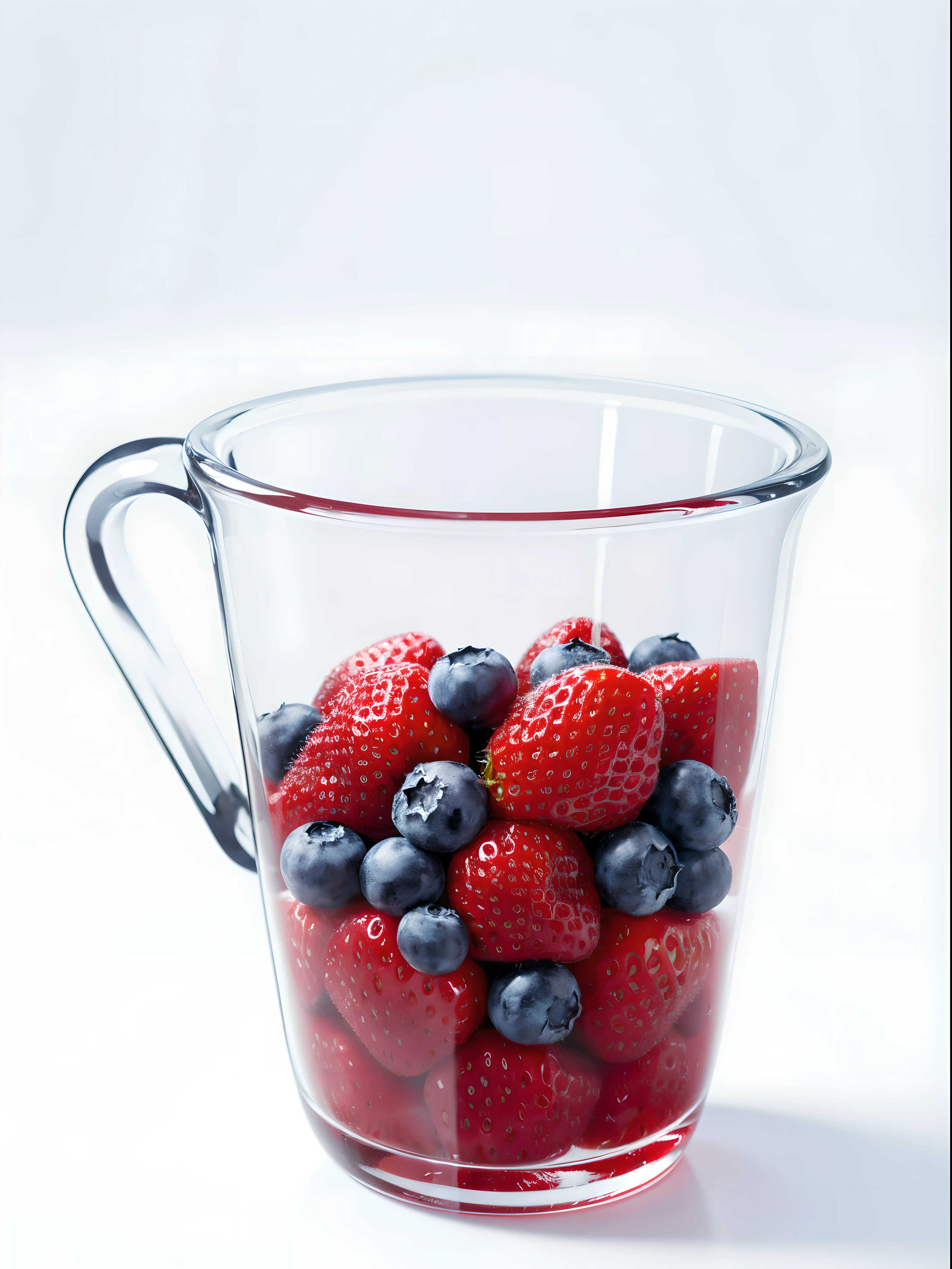 (Best quality at best,8K,tmasterpiece:1.3), without humans, Clear glass, There are a lot of strawberries and blueberries in it, blend, de tarhepodroso, intense detail, on the white background, Clear detail, professional,(hyper realisitc:1.3)
