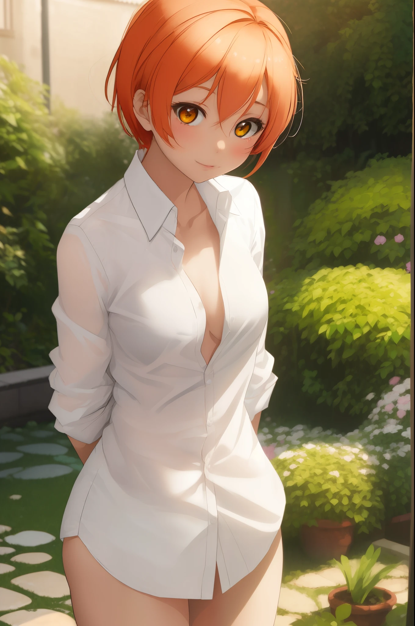 ((Masterpiece)), 8k wallpaper,sksrin, Hoshizora rin,beautiful female model, white shirt,unbottoned shirt, bottomless, outdoors in garden