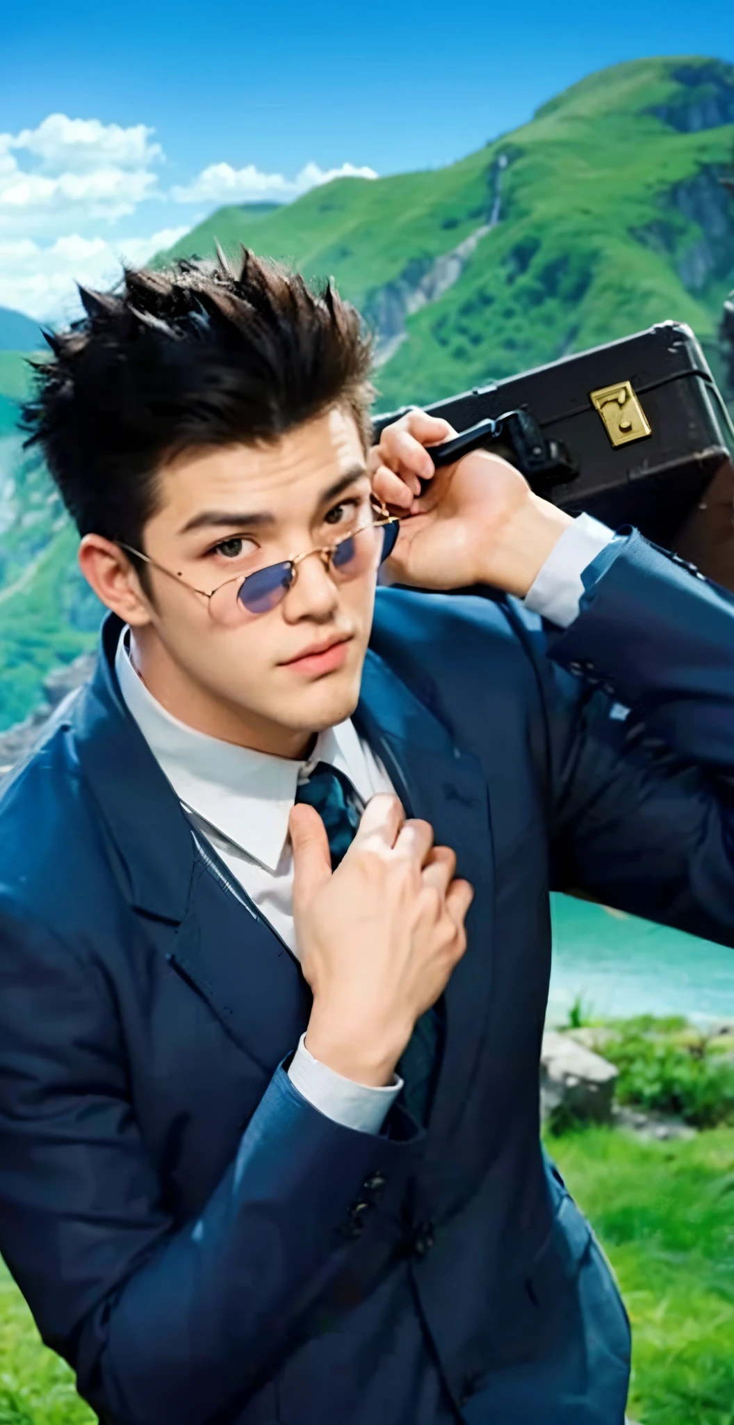 Real life adaption of this character , handsome boy , realistic same spiky hair , wear same glasses,(realistic same outfit),realistic scenery background , realistic light, realistic shadow, realism, hyper realistic,(photorealistic:1.2), normal small eyes, Holding realistic suitcase