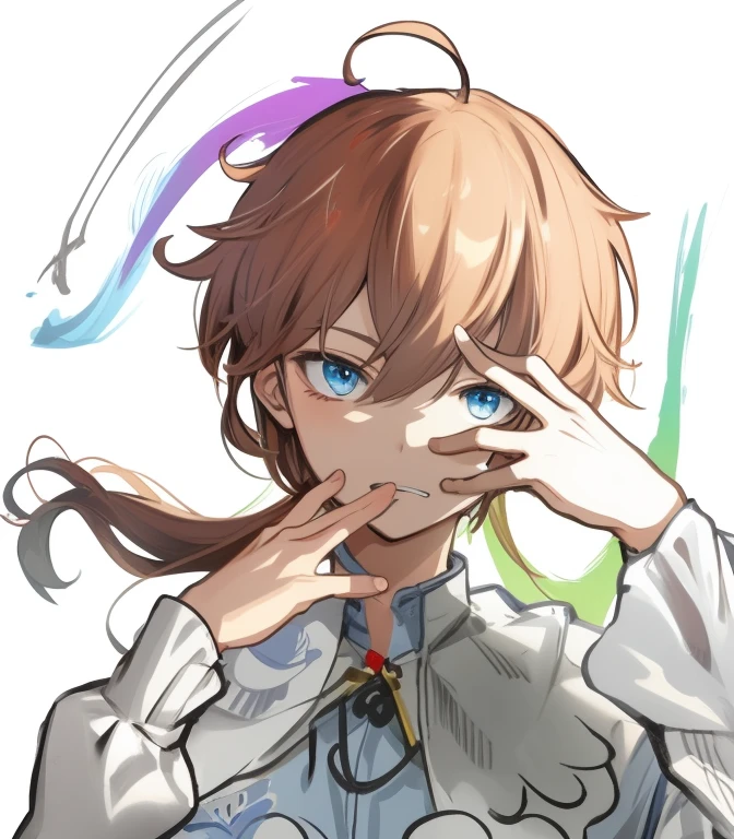 Anime boy with brown hair and blue eyes puts his hands on his face, with index finger, Anime cute art style, Sase-ri, [[[[Laugh terrily]]]], ;with her mouth open, inca, cytus and deemo styles, honest, portrait of ((mischief))
