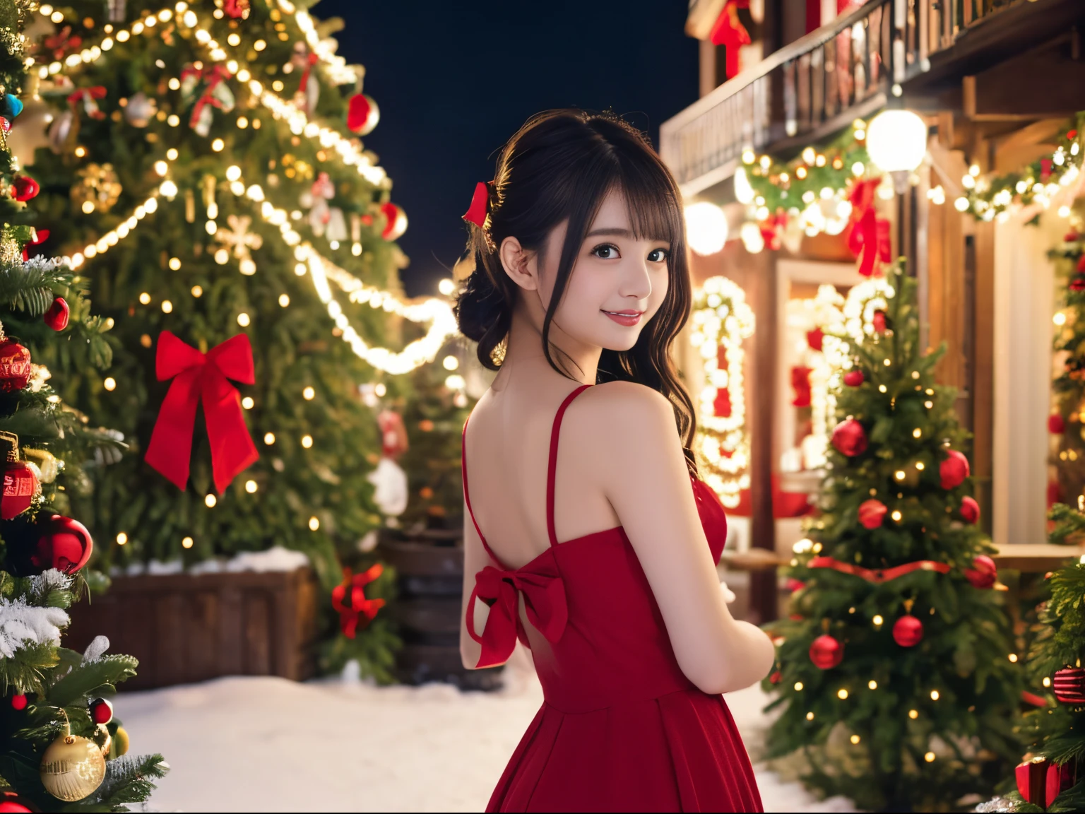 (girl in a beautiful red dress, Standing in front of a beautifully decorated Christmas tree),Illustration,Christmas,Fun atmosphere,Twinkling lights,soft snowflakes fall,Best Quality,4K,Ultra-detailed,Vibrant colors,pine scent,Cozy,romantic,Cheerful,breathtaking scenery,Warmth,Happiness,Magical,Holiday spirit,Winter wonderland,pure love and kindness.、off shoulders、I keep my hair up and short、a baby face、backs