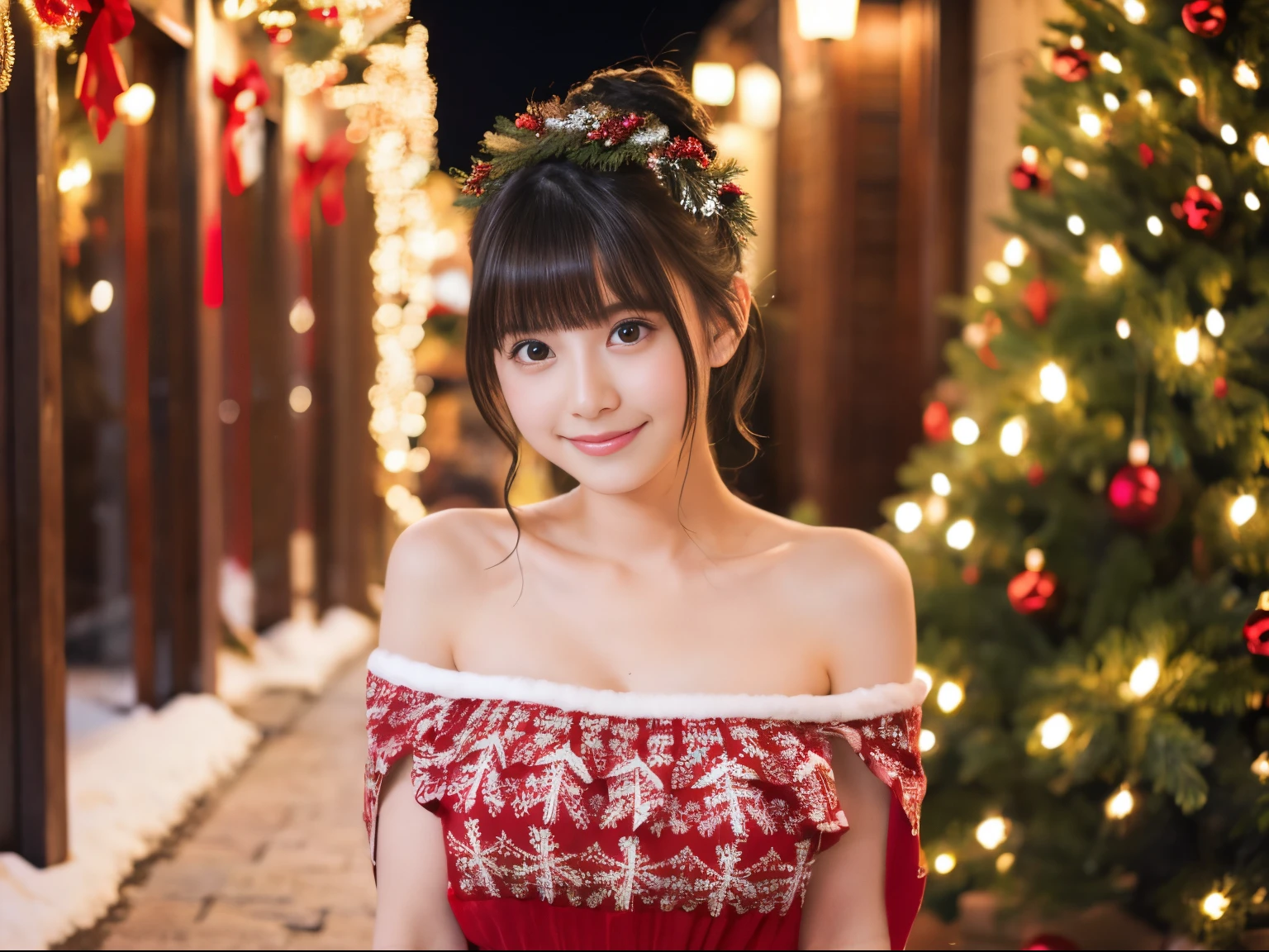 (girl in a beautiful red dress, Standing in front of a beautifully decorated Christmas tree),Illustration,Christmas,Fun atmosphere,Twinkling lights,soft snowflakes fall,Best Quality,4K,Ultra-detailed,Vibrant colors,pine scent,Cozy,romantic,Cheerful,breathtaking scenery,Warmth,Happiness,Magical,Holiday spirit,Winter wonderland,pure love and kindness.、off shoulders、I keep my hair up and short、a baby face、a navel