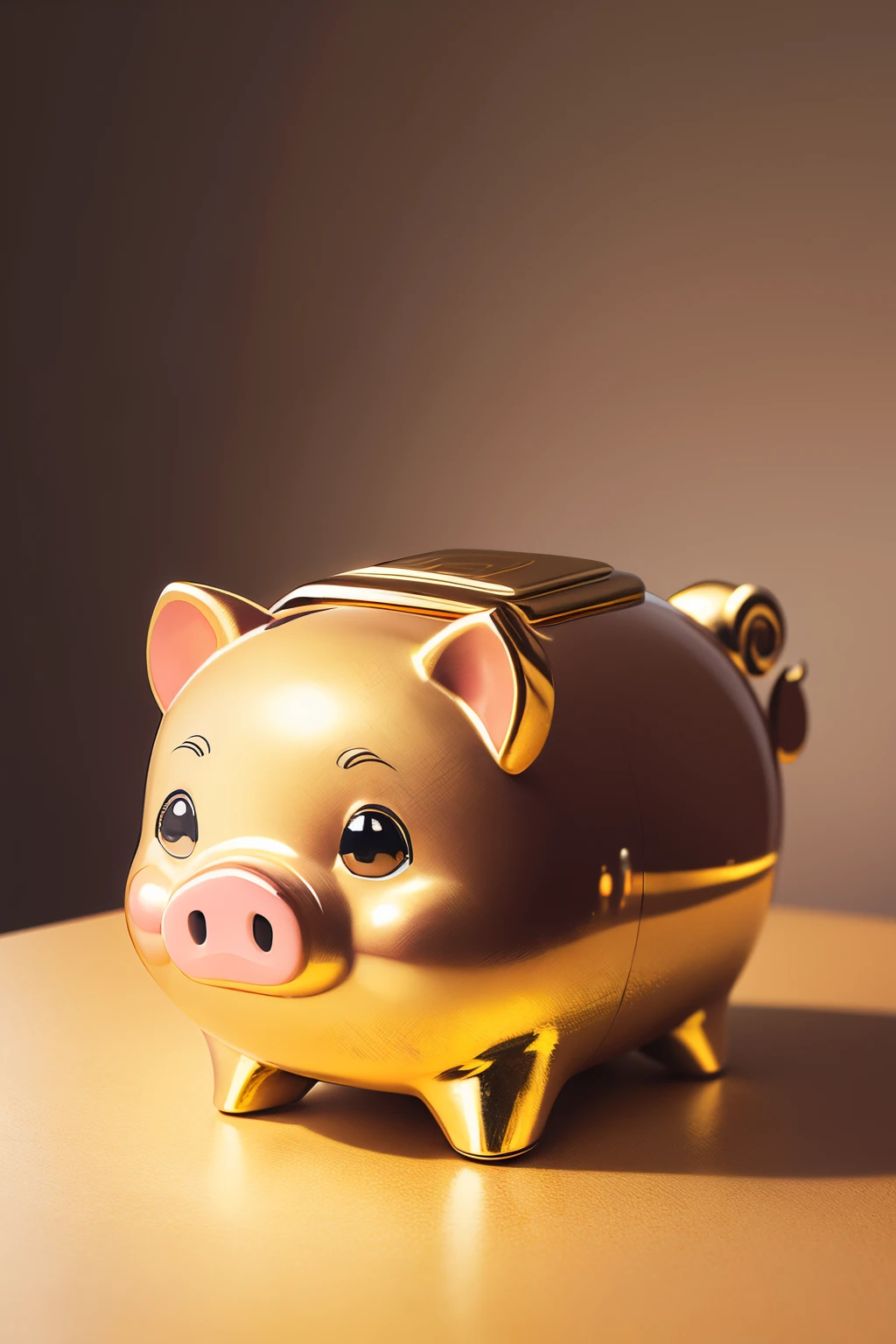 a piggy bank，Golden Pig，Golden pig shaped piggy bank，golden piggy bank，On a table，number art，digitial painting，vivd colour