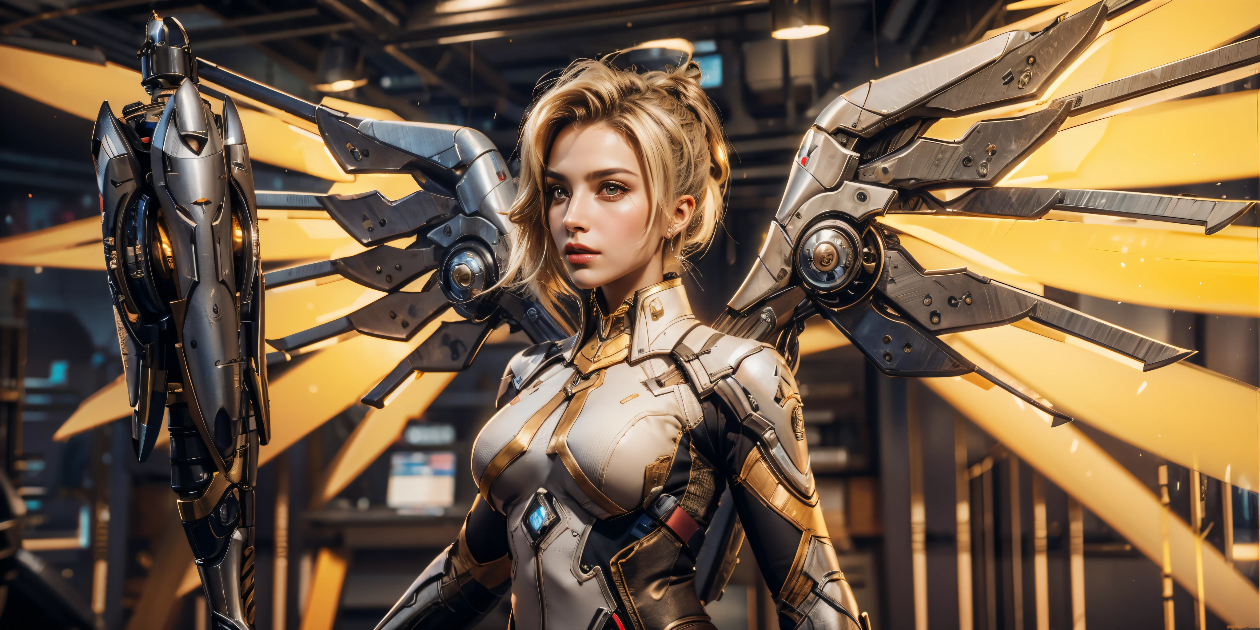 image of mercy from overwatch,blonde hair,mechanical wings,(realistic,photorealistic:1.37),detailed face,beautiful detailed eyes,beautiful detailed lips,detailed mechanical wings,shiny metallic textures,soft lighting,vivid colors,peaceful expression,action pose,high quality details,professional rendering,bokeh,vivid colors,sharp focus,physically-based rendering,five fingers hand,good anatomy hand,portrait,futuristic lighting,ultra-detailed,professional,sharp focus,vivid colors,physically-based rendering,studio lighting,bokeh