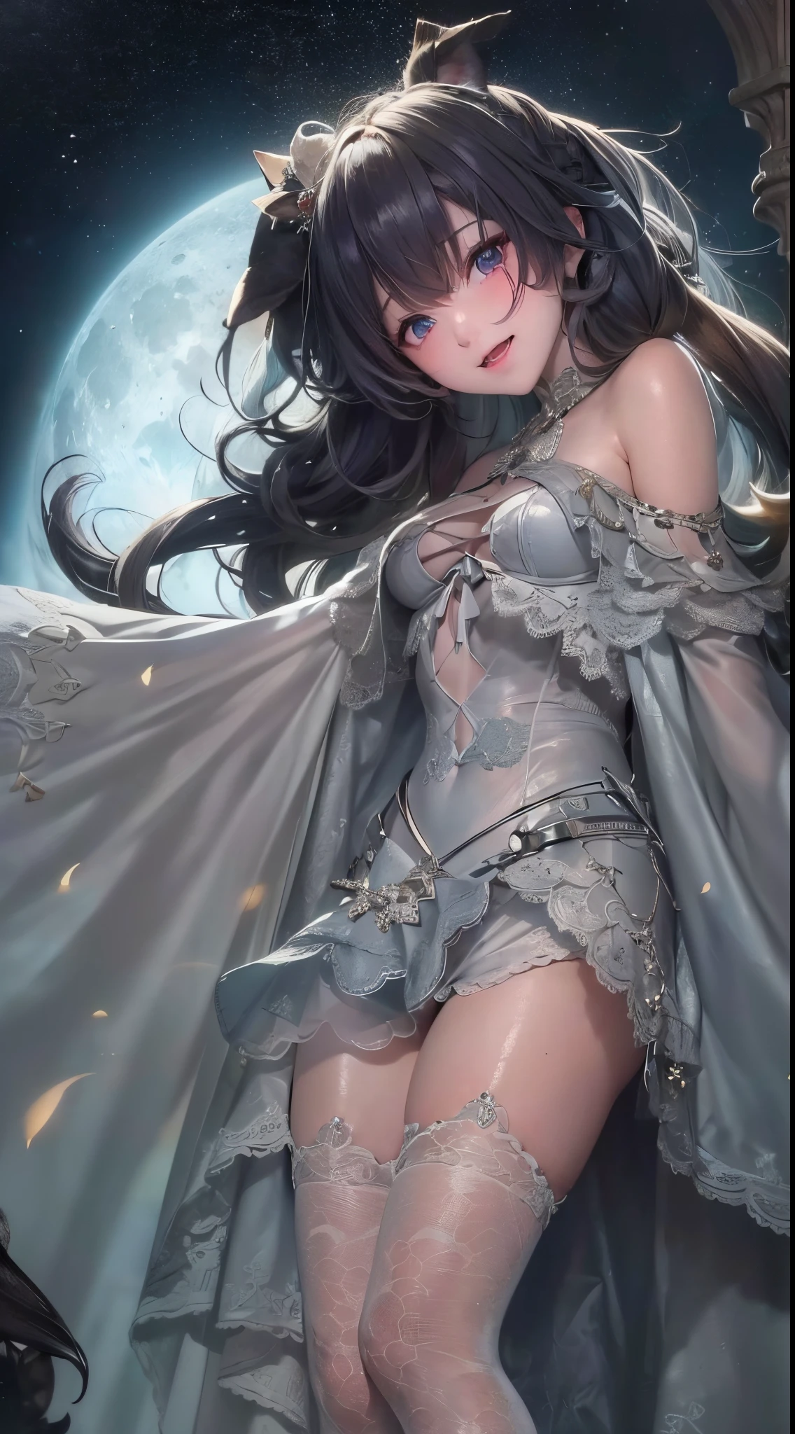 One lady,25-years old,(() ,((())), (()), (())((I'm opening my mouth)),((micro skirt, bodysuit and short cloak))(A smile),,(A dark-haired,),((Fantasy,Moon Night))((Clothes are torn))wet with sweat