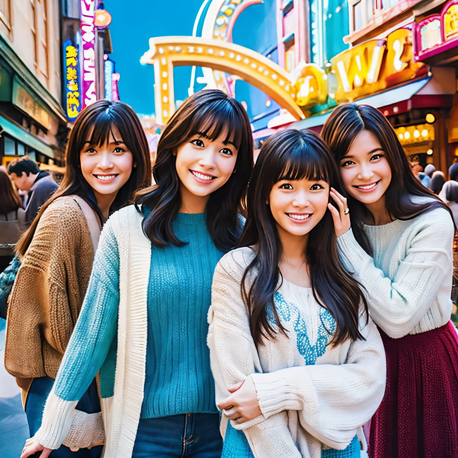 In the Disney Pixar poster, two girls stand shoulder to shoulder, and the woman on the left has medium-long brown hair with bangs and is wearing a white knitwear.。The woman on the right has long black hair with bangs, is wearing a light blue knit, and is taking a picture in purikura.。