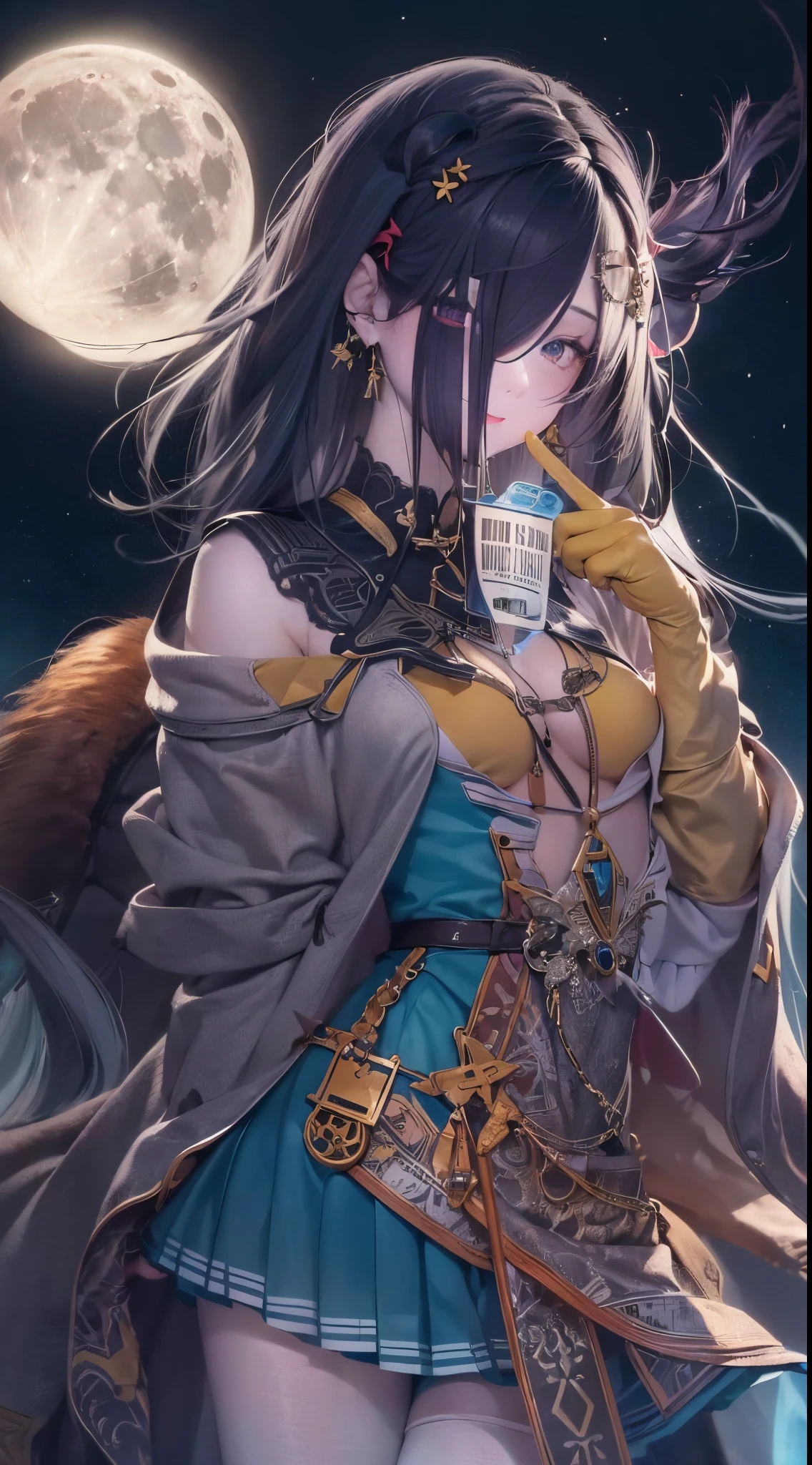 One lady,25-years old,(() ,(((colourfull))), (()), (())((I'm opening my mouth)),((micro skirt, bodysuit and short cloak))(A smile),,(A dark-haired,),((Fantasy,Moon Night))((Clothes are torn))wet with sweat