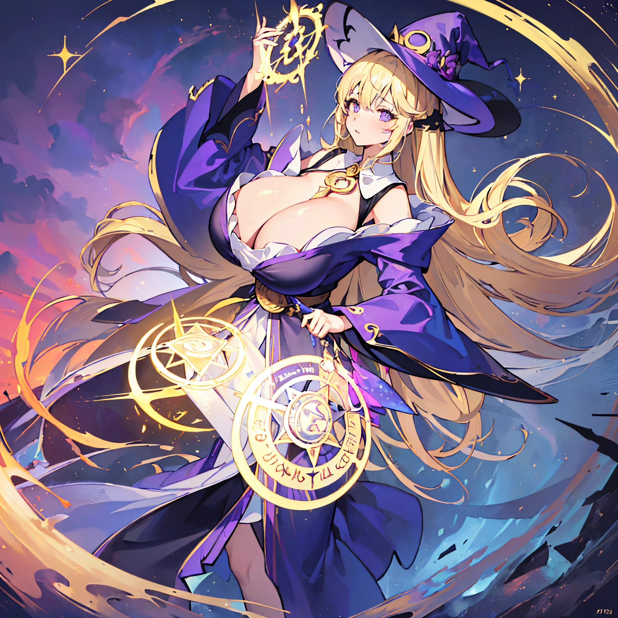 (8K, Best quality at best, tmasterpiece:1.2),\(Eyes detailed\),\(facial feature\),(\(clothes details details body lesbian,(surface focus) ,Very detailed CG unified 8k wallpaper,hugefilesize,ultra - detailed,A high resolution,Huang Li,beautidful eyes,ray traycing,Dramatic shadows,Detailed pubic hair,dramatic angles,hyper-detailing,(1 girl:1.3),(Alone),Mature woman,High and high,big breasts body,blond hairbl,Extra-long double ponytail,blond eyes,Bigchest,Long breasts,humongous large breast,,Thigh fat,mages,Willow waist,(Purple gold embroidered magic robe),Witch hat.magic space,dark stormy clouds,Thunder and lightning in the sky,(circular magic circle in the sky:1.2)+(Huge golden magic circle:1.2)+(A magic circle inscribed with blasphemous verses:1.3),
