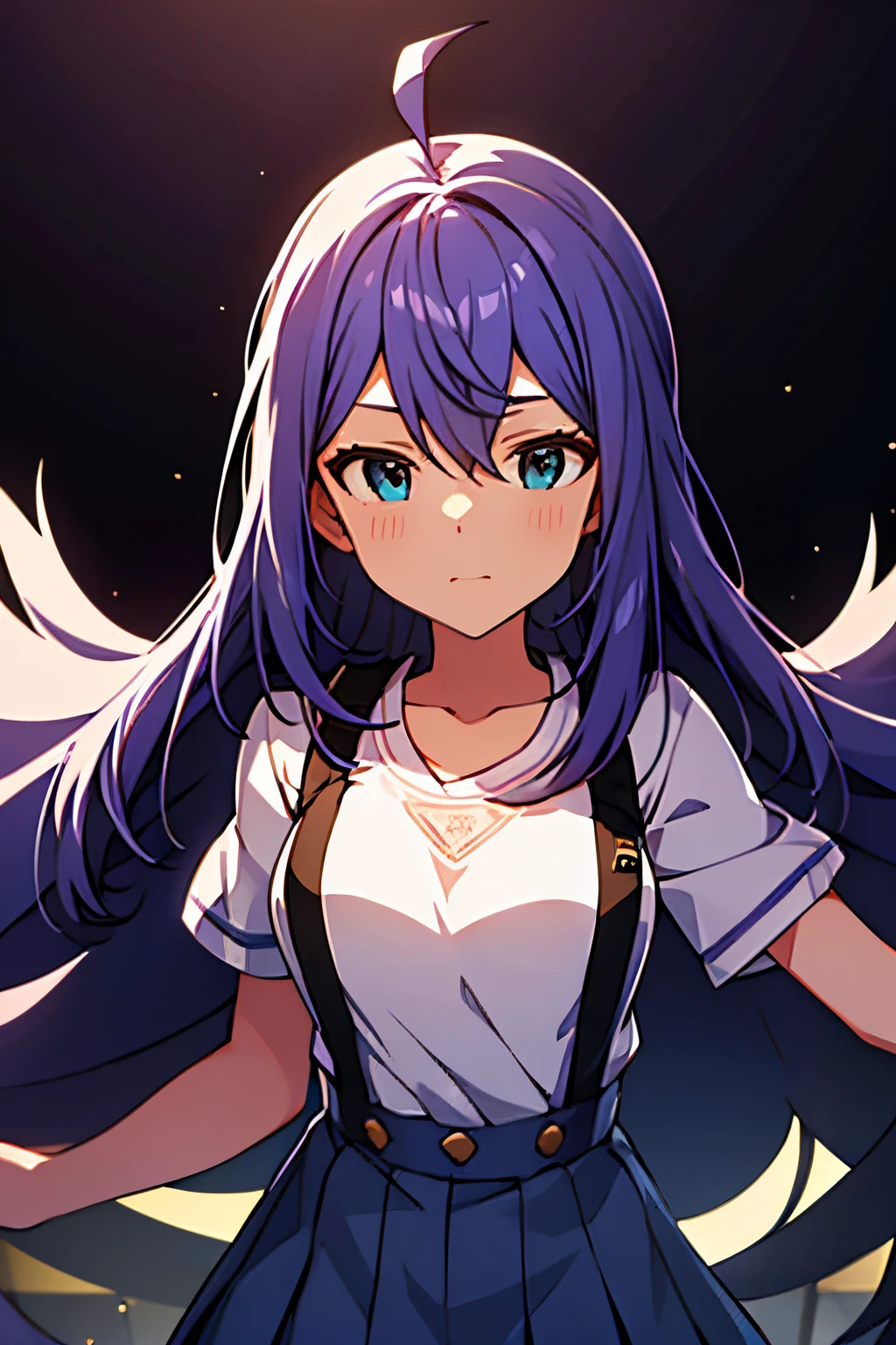 {{{{{mochizuki anna}}}}},1girl,solo,long hair,purple hair,small_ahoge,blue eyes.short stature.white t-shirts.suspenders.skirt.(((masterpiece))).(((best quality))).((ultra-detailed))).(((illustration))).night view.small Breasts.fighting stance