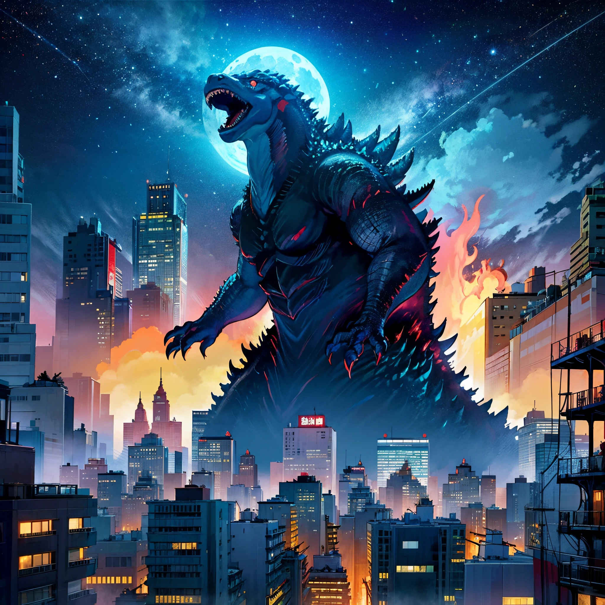 Godzilla rising above the city at night with a full moon in the background, Godzilla, Kaiju, Portrait of Godzilla, Kaiju Battle, Portrait of a Godzilla character, Studio Ghibli and Dan Mumford, giant kaiju dragon monster, Kaiju Eiga, Towering Monsters in New York City, Inspired by Noriyoshi Ōrai, Shin Godzilla