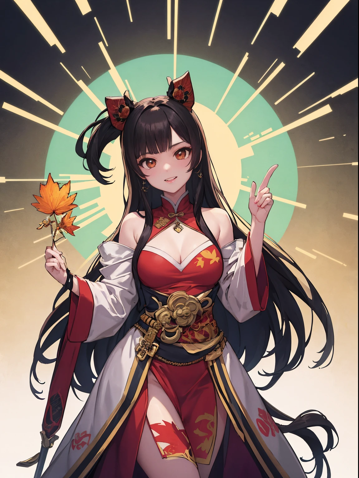 Best quality at best, tmasterpiece, 超高分辨率, (actual: 1.4), Xiuxian, Smiling, the shy, nabel, Delicatemakeup, flashy jewels, Horse face dress, detailface,, 1 girl, white  clothes, Lotus print, Maple leaf print, Alone, arma, (Magic Array: 1.2), Xiuxian, The upper part of the body, beuaty girl, A half body, east asian architecture, scabbard, build,
