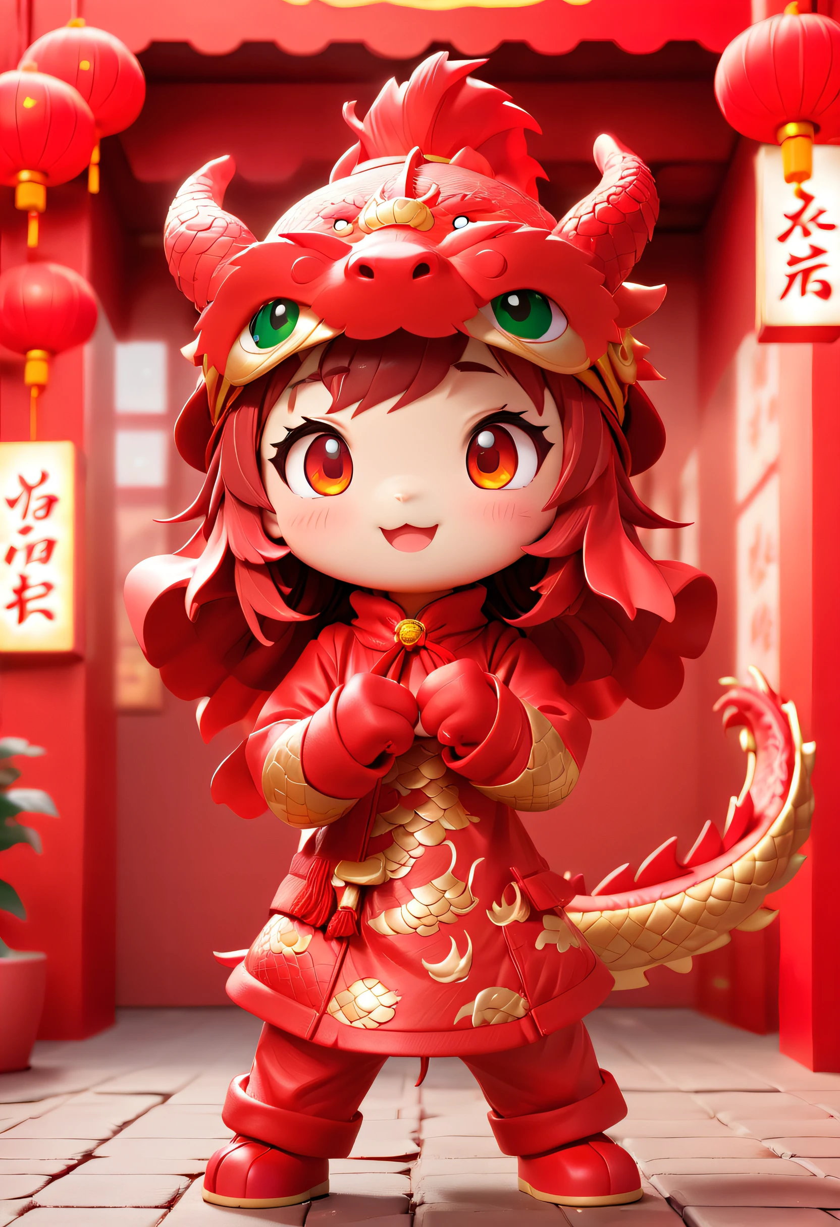 Super cute girl wearing Chinese dragon hat, Clench your hands into fists, Greetings to the audience, eyes with brightness, Red Wall, Pop Mart blind box, 3Drenderingof, hairy pubic