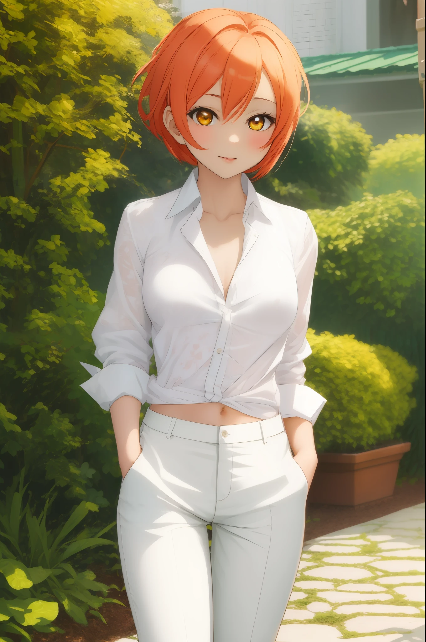 ((Masterpiece)), 8k wallpaper,sksrin, Hoshizora rin,beautiful female model, white shirt,unbottoned shirt, stylish pants, outdoors in garden