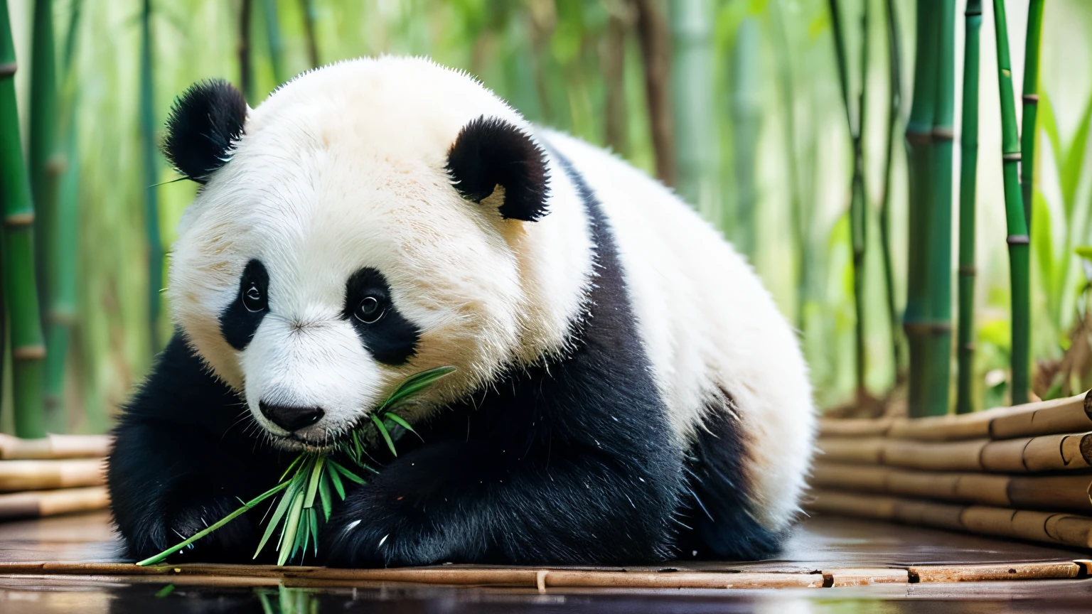 Picture of panda sitting and eating bamboo，Keep ingredients as low as possible，The background should not be too complicated，松下Lumix S Pro 50mm F / 1.4 styles body gay，Photoquality，very detailed photo，hyperrealistic photo，the detail，8K，k hd,