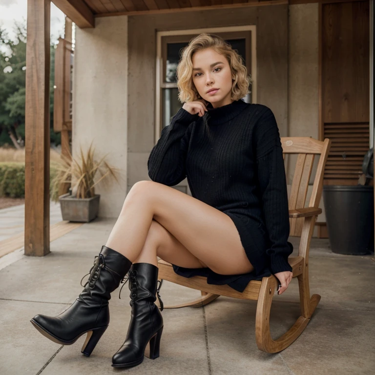 8k, best quality, (photorealistic:1.4), 1girl, blond hair, short hair length, wavy hair, athletic, wearing a black sweater dress, long sleeves, high heeled boots, pose: sitting in a rocking chair on a large front porch