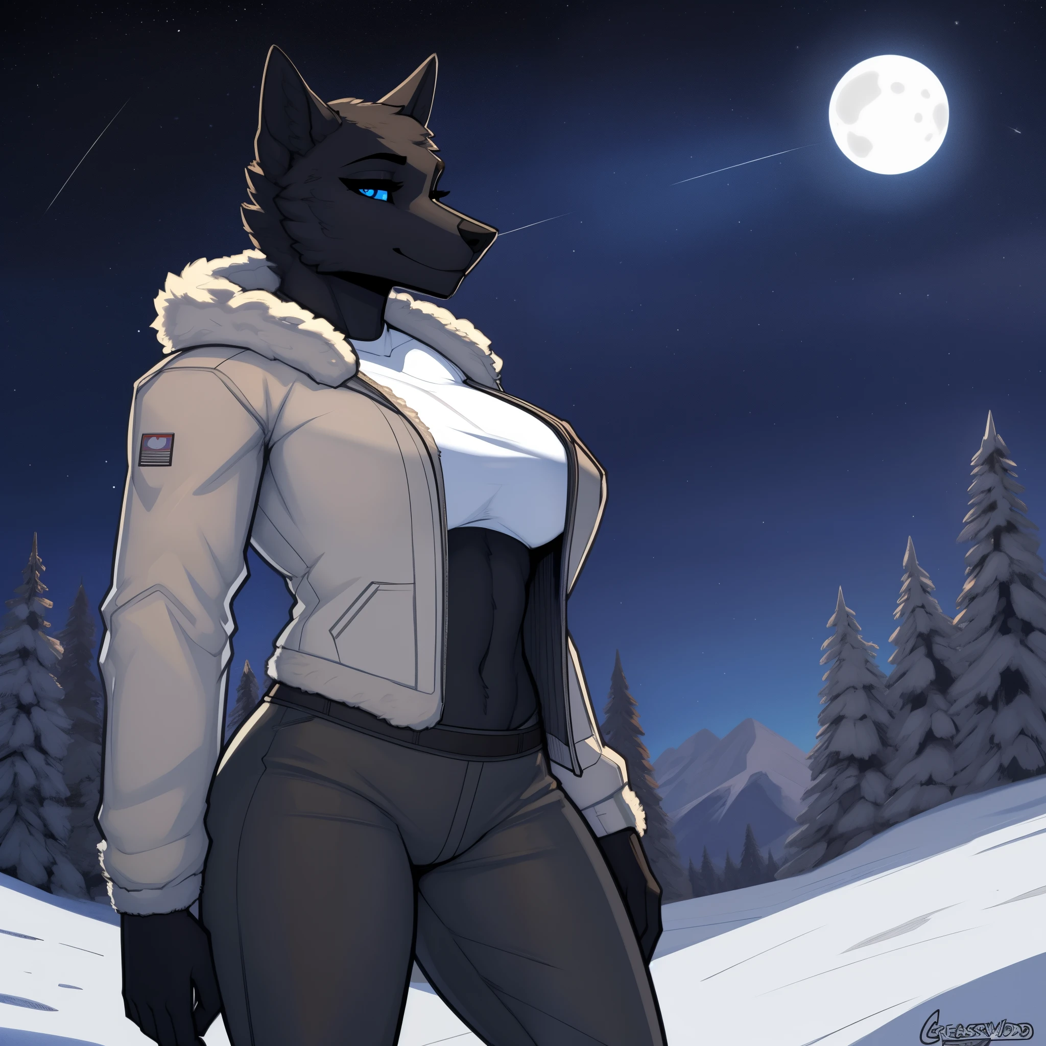 Tall_lanky_muscular_mature_wolf female black_furry_body blue_eyes very_fluffy misty_breath snowy_forest starry_sky solo Masterpiece best_quality absurdres highly_detailed cleanly_drawn_eyes anthro_only by_claweddrip, by_greasymojo, by_underscore-b, by_runawaystride fur_trimmed_winter_jacket snow_pants