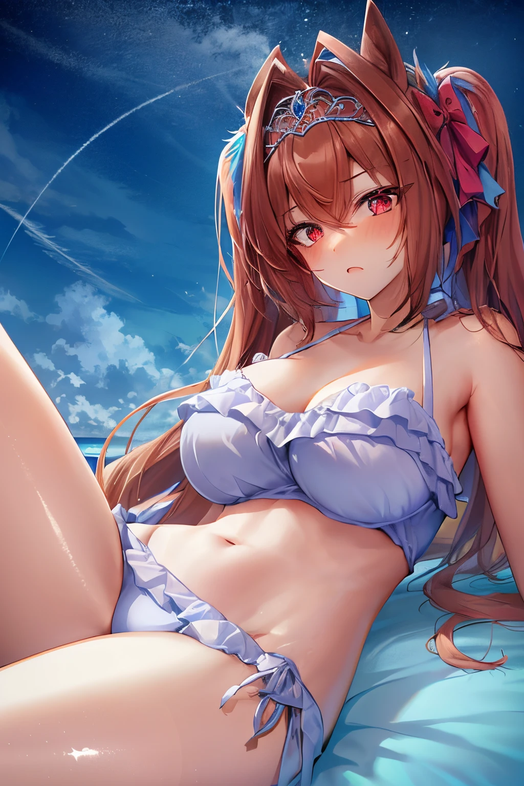 (((masterpiece, best quality, highres, UHD, perfect pixel, depth of field, 4k, RTX, HDR))), 1girl,  (lying on bed:1.2), on back, spread legs, pillow, embarrassed, (red blush:1), very huge breasts, brown hair, long hair, twintails, (red eyes:1), collarbone, white bikini, navel, side-tie bikini, (a sexy), beach, ocean, blue sky, looking at viewer, {{Extremely delicate and beautiful}}, the Extremely Detailed CG Unity 8K Wallpapers, (Shiny hair:1.2), (Shiny skin:1.5),