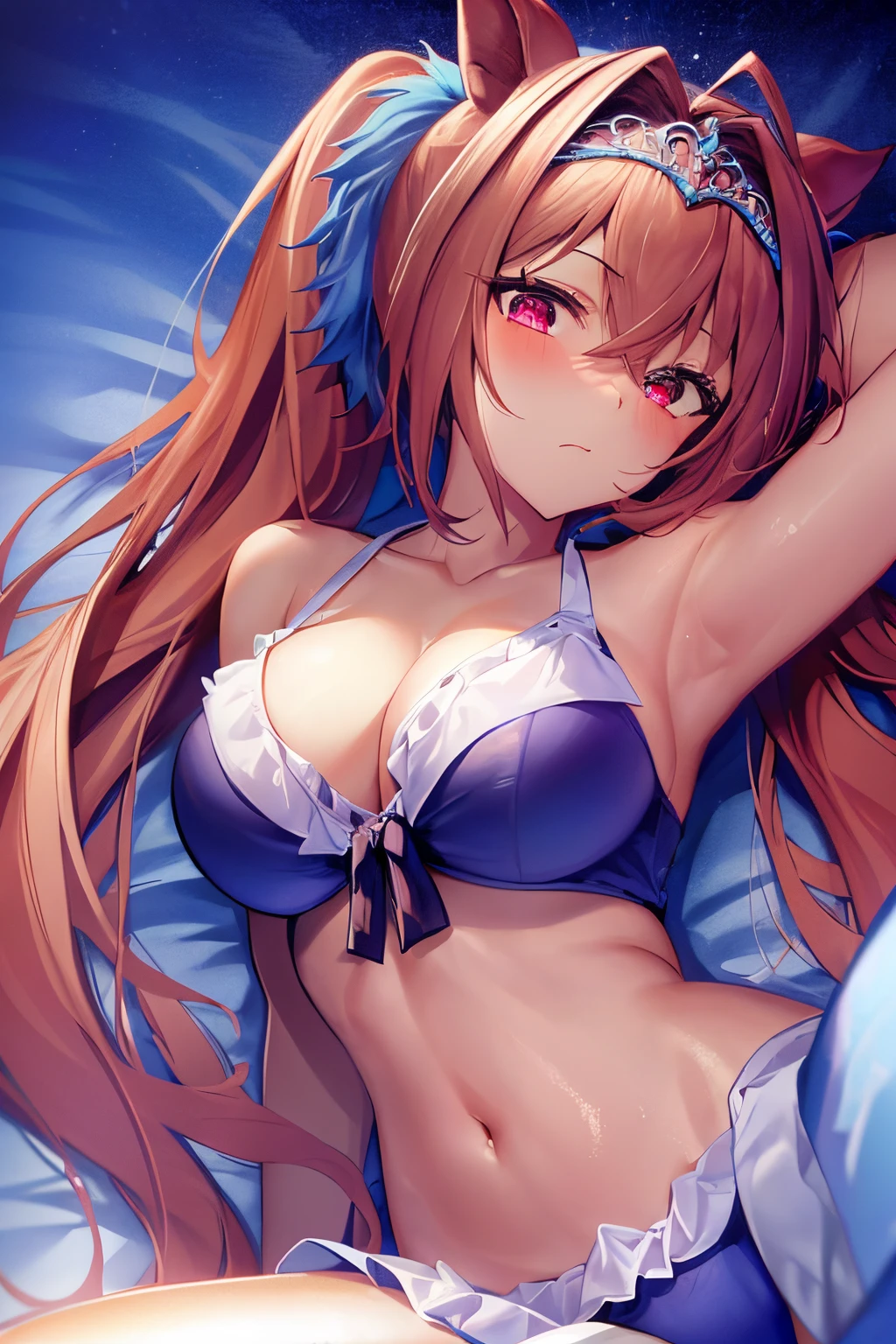 (((masterpiece, best quality, highres, UHD, perfect pixel, depth of field, 4k, RTX, HDR))), 1girl,  (lying on bed:1.2), on back, spread legs, pillow, embarrassed, (red blush:1), very huge breasts, brown hair, long hair, twintails, (red eyes:1), collarbone, white bikini, navel, side-tie bikini, (a sexy), beach, ocean, blue sky, looking at viewer, {{Extremely delicate and beautiful}}, the Extremely Detailed CG Unity 8K Wallpapers, (Shiny hair:1.2), (Shiny skin:1.5),