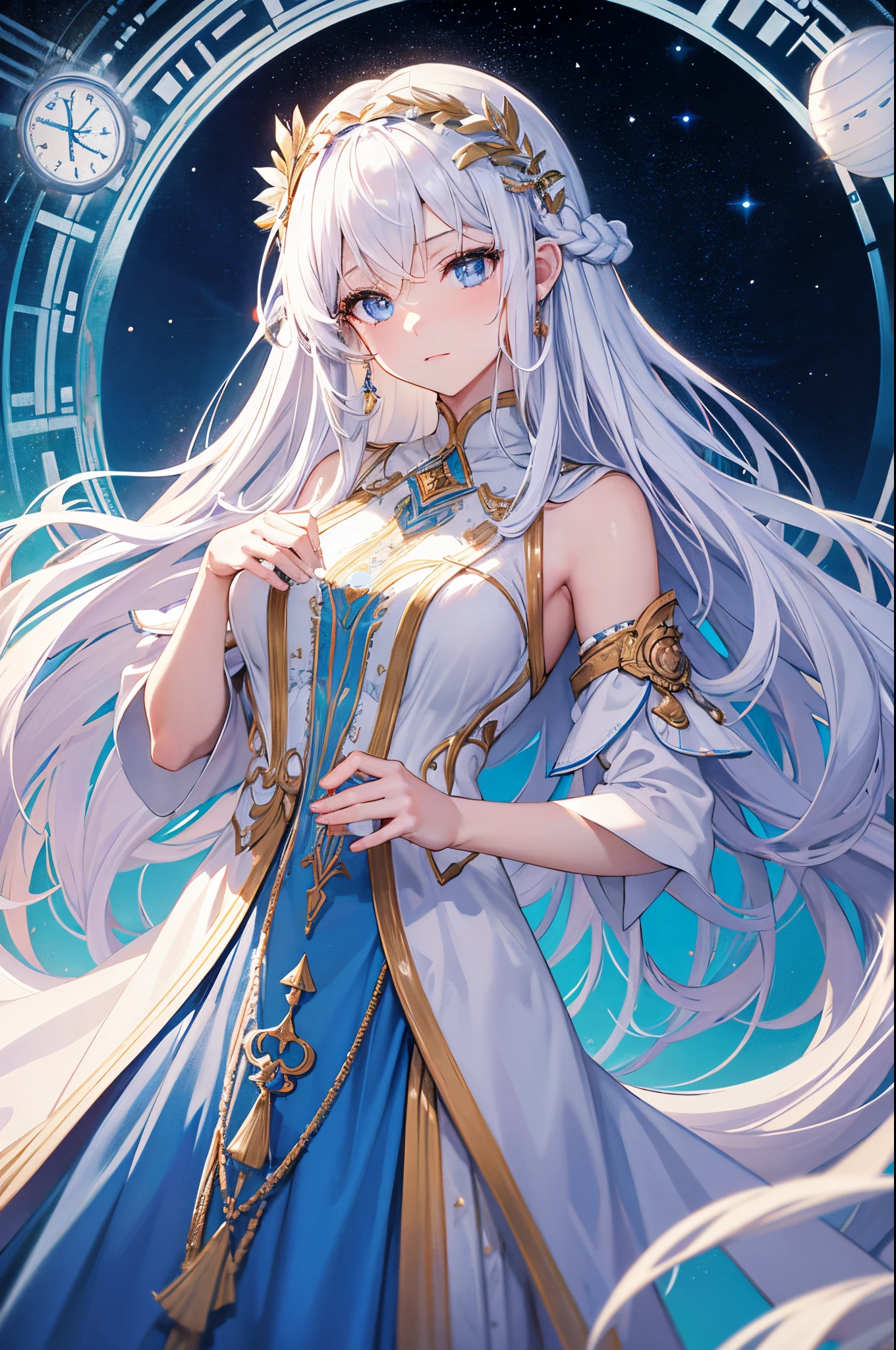 Woman. woman. 1-women. One woman. A woman. A Goddess in typical all-white Goddess attire. An Aeon . The Goddess of . Long white hair and light sky blue eyes. Background of a starry galaxy with giant clocks. Goddess of time and space. Upper body. Half body potrait. Hair accessories. Beautiful hair style. Cool woman. Authoritative women. Cool and strong aura. Aesthetics. Mysterious