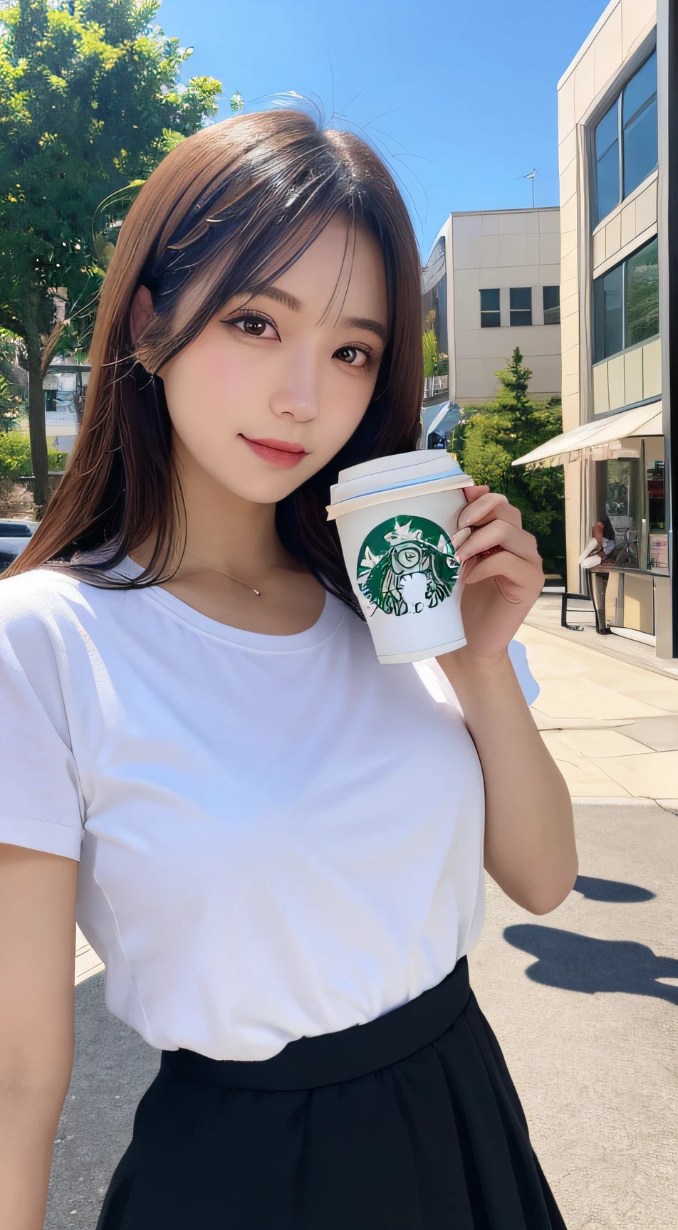 masutepiece, Best Quality, Illustration, Ultra-detailed, finely detail, hight resolution, 8K Wallpaper, Perfect dynamic composition, Beautiful detailed eyes,Natural color lip, forward looking ,in skirt at outside of starbucks