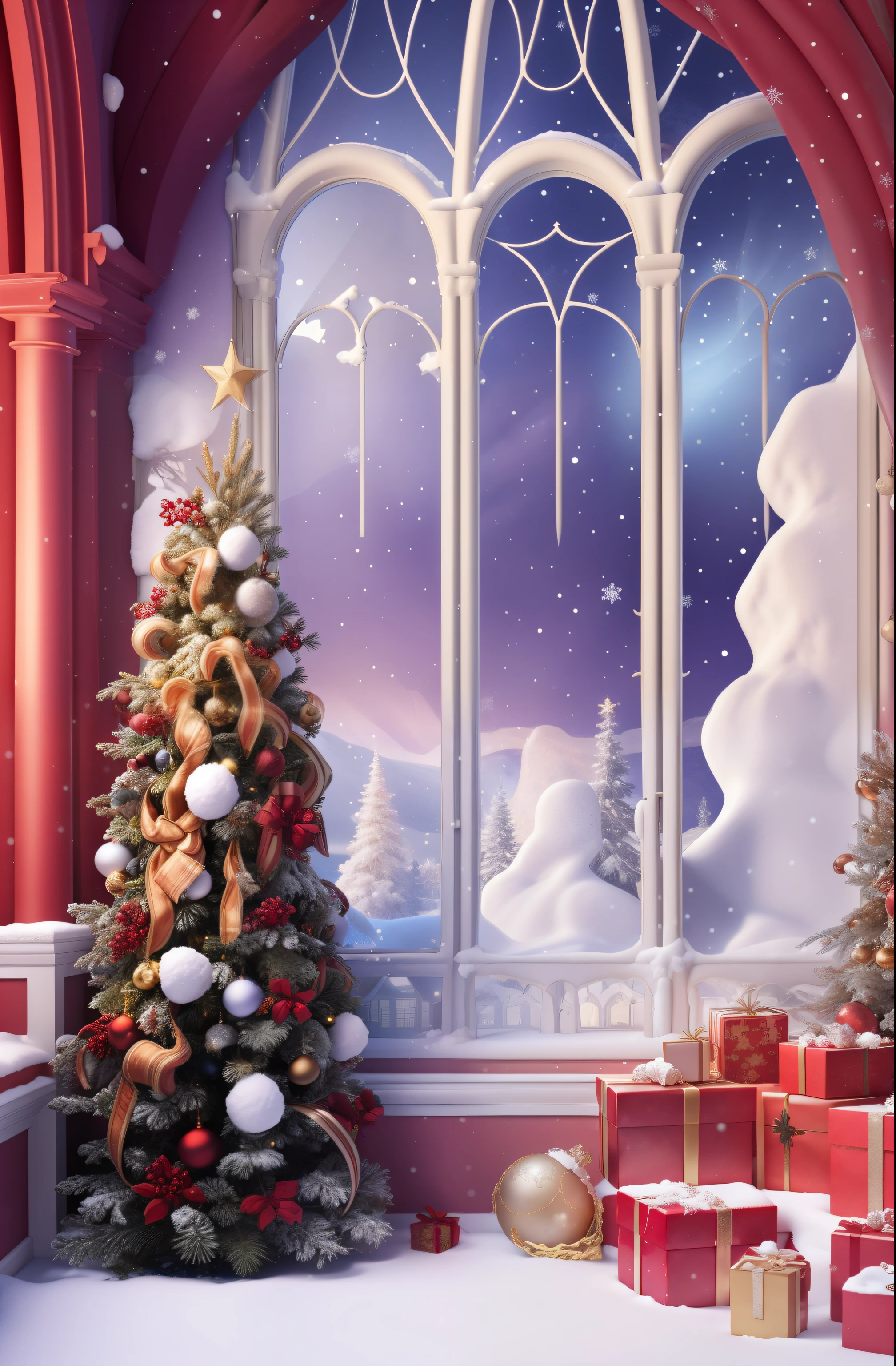 There a Christmas tree in the room,There a gift in front of the window, There a snowman in front of the window,fantasia de cena de inverno, light kingdom backdrop, Stunning mysterious background, foreground background, hight decorated, lavishly decorated, Surreal, magical background, magical fairy background, Snowy winter Christmas Eve, mall background, 3D amazing details, highly detailed scenario, Winter wonderland