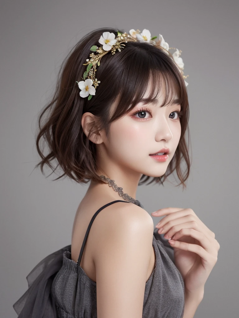 1girl in、real looking skin、(short-hair:1.1)、Very short shorthair、(Photorealsitic:1.1)、Beautuful Women、Beauty salon with revealing clothes、Gray background、Natural look